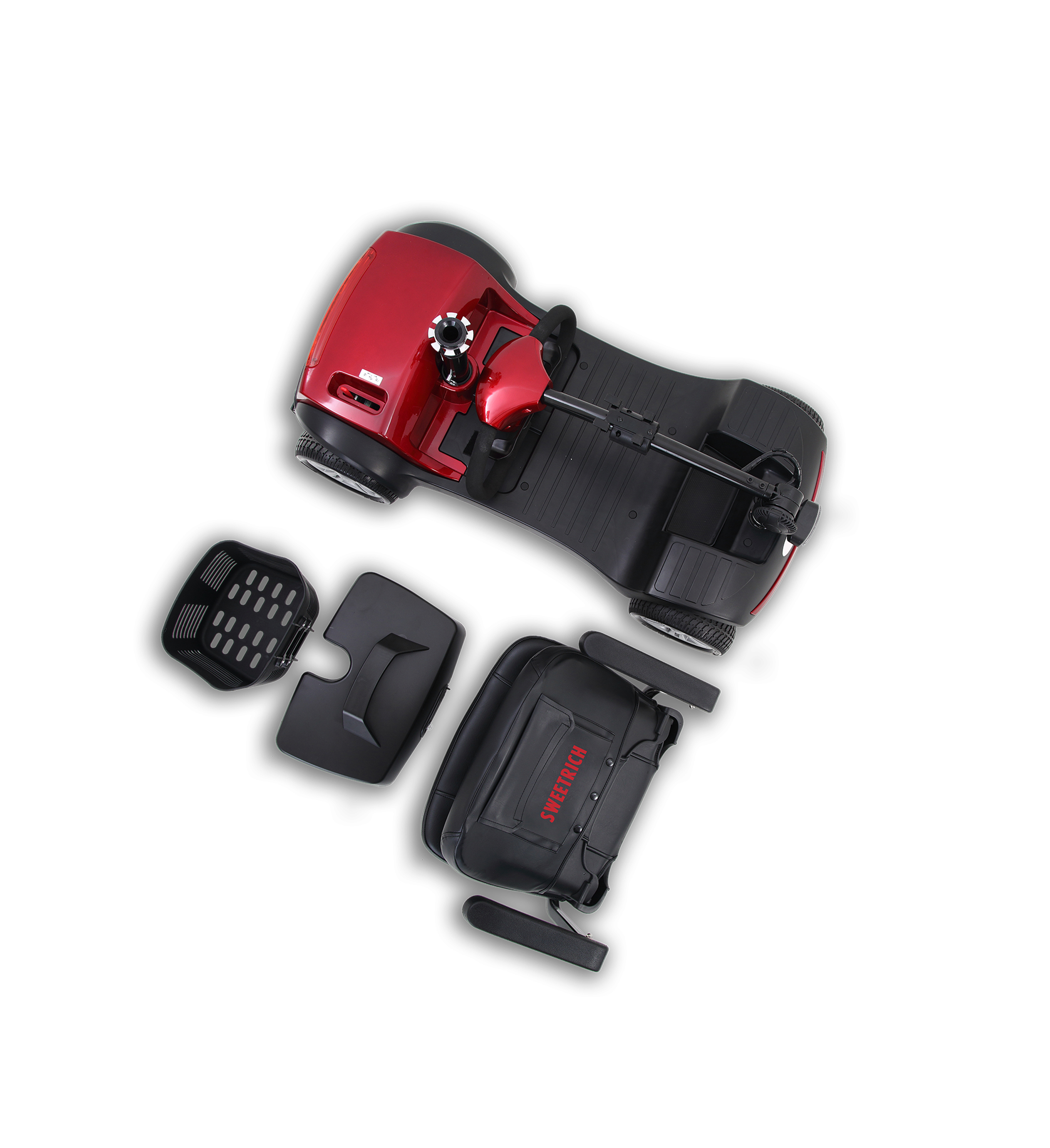 Zdemontowany czerwono-czarny skuter inwalidzki z siedzeniem i koszem na białym tle.