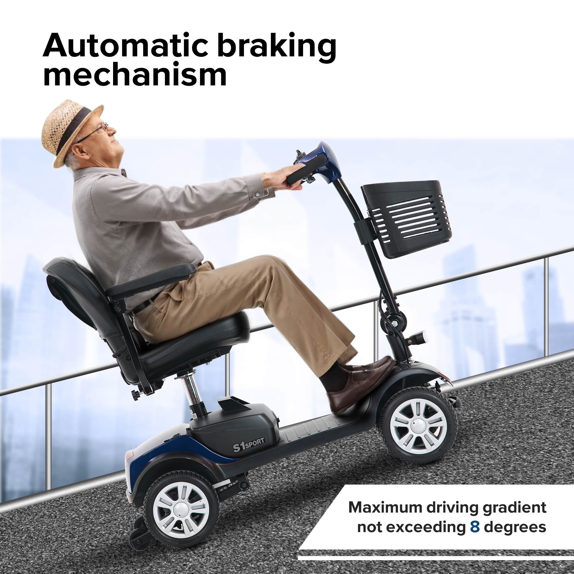 Starszy mężczyzna w słomkowym kapeluszu na skuterze inwalidzkim wjeżdża na zbocze. Skuter ma koszyk, a tekst brzmi 'S1 Sport'.