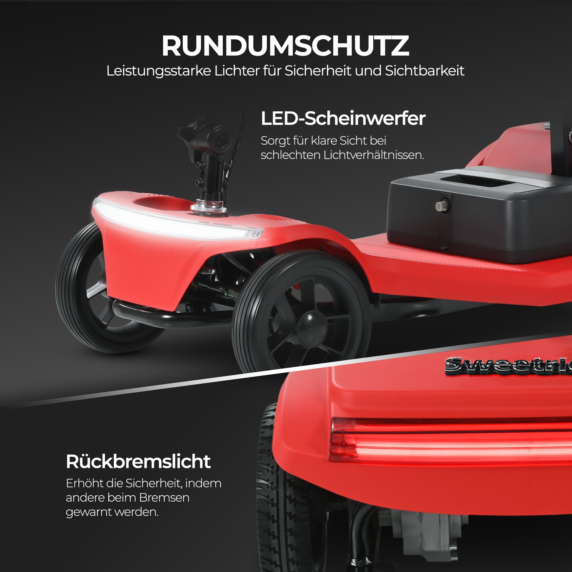 Czerwony skuter inwalidzki z czarnymi kołami i światłami. Niemiecki tekst opisuje funkcje bezpieczeństwa, w tym światła LED.