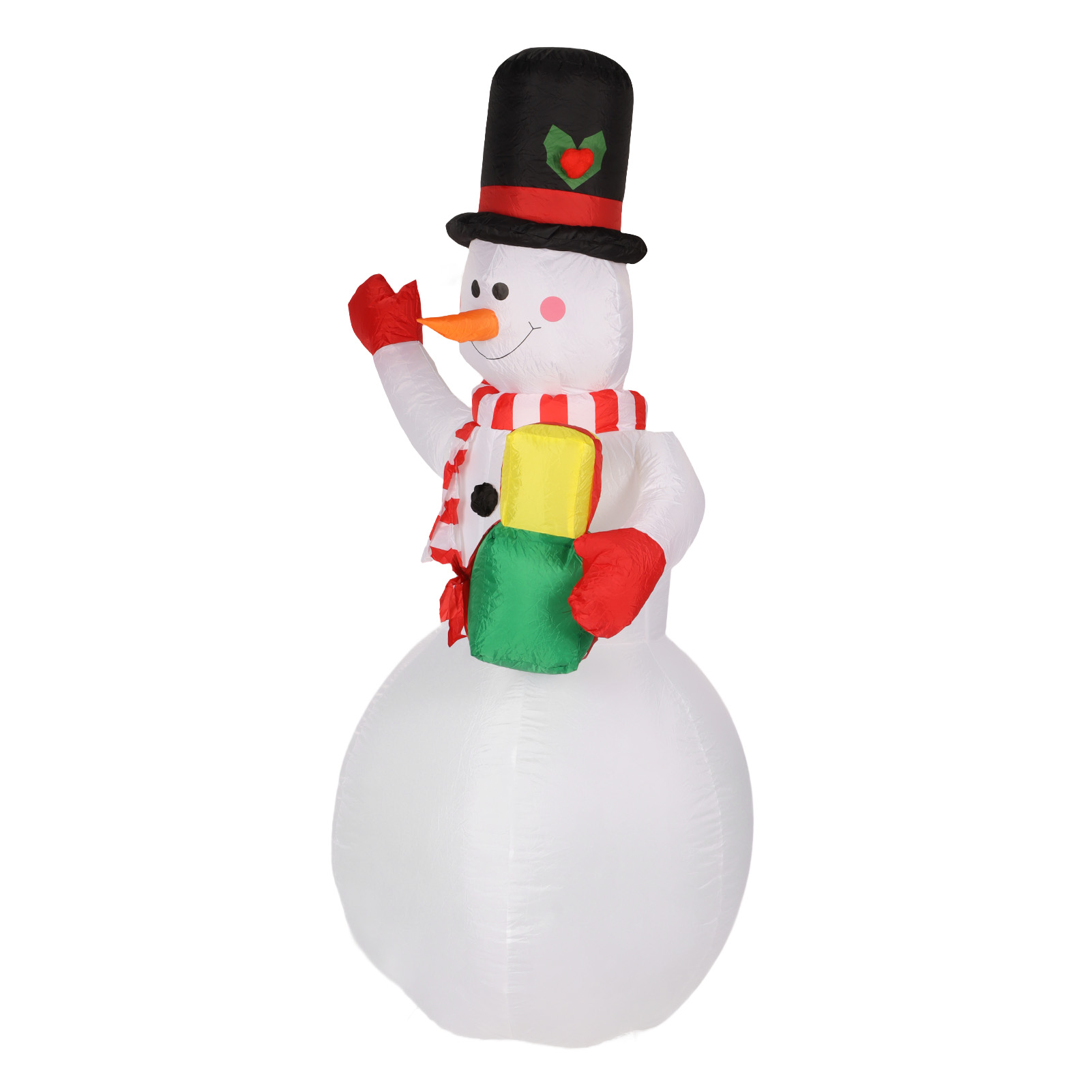 Aufblasbarer Schneemann mit schwarzem Hut, rotem Schal und Handschuhen, hält Geschenke. Weißer Hintergrund.