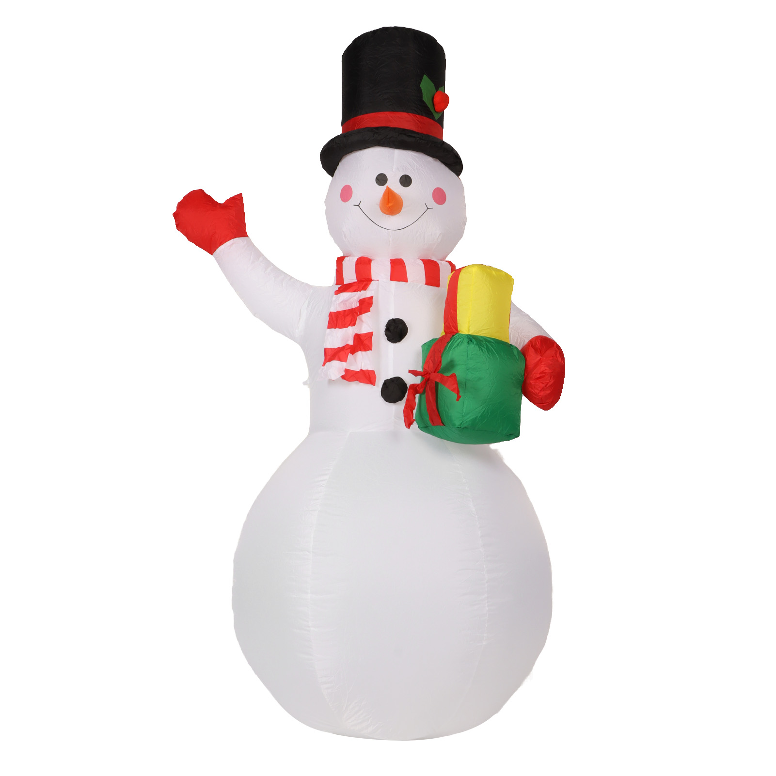 Aufblasbarer Schneemann mit schwarzem Hut, rotem Schal, roten Handschuhen und Geschenken. Weißer Hintergrund.