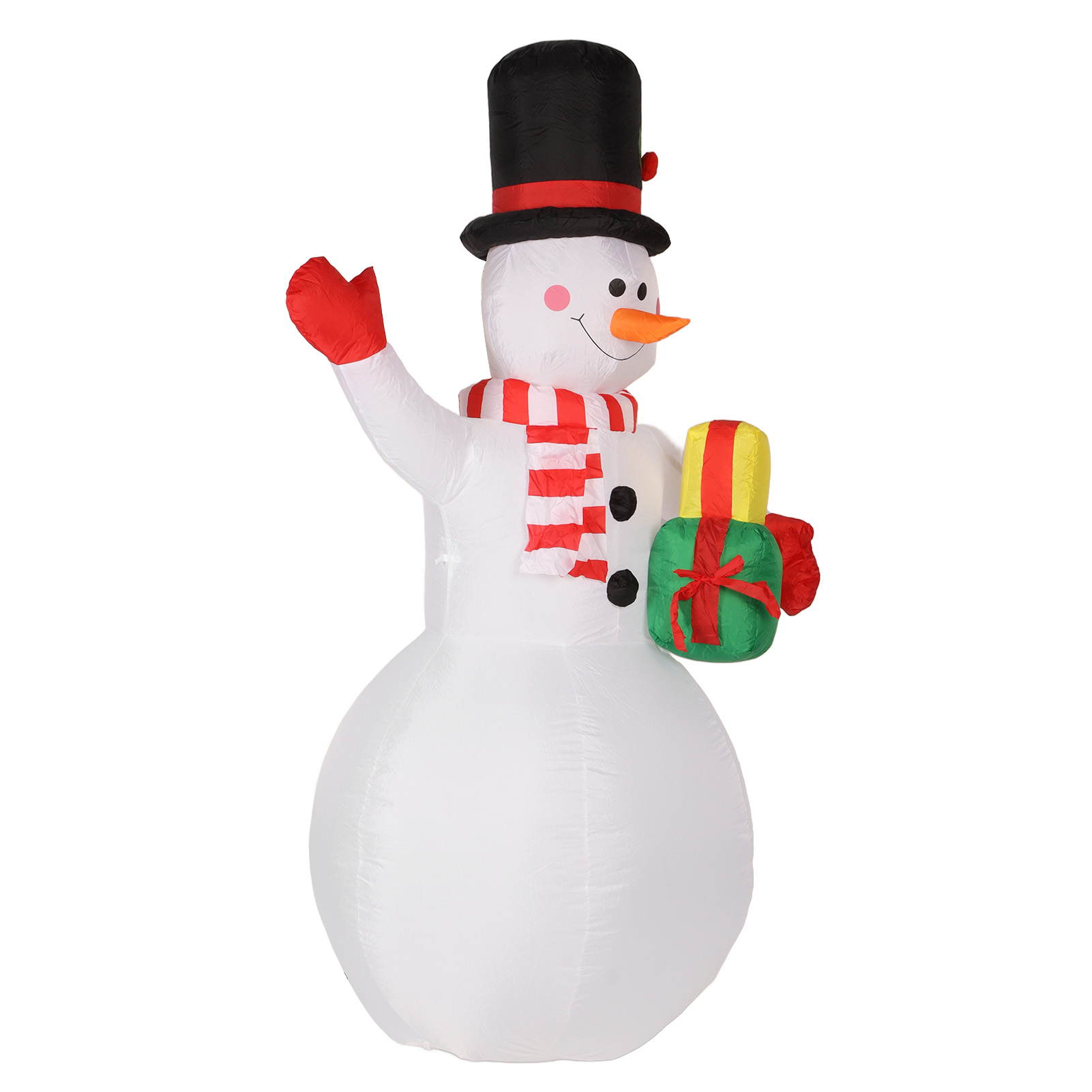 Aufblasbarer Schneemann mit schwarzem Hut, rotem Schal, oranger Nase, hält Geschenke. Weißer Körper, rote Fäustlinge, freundliches Lächeln.