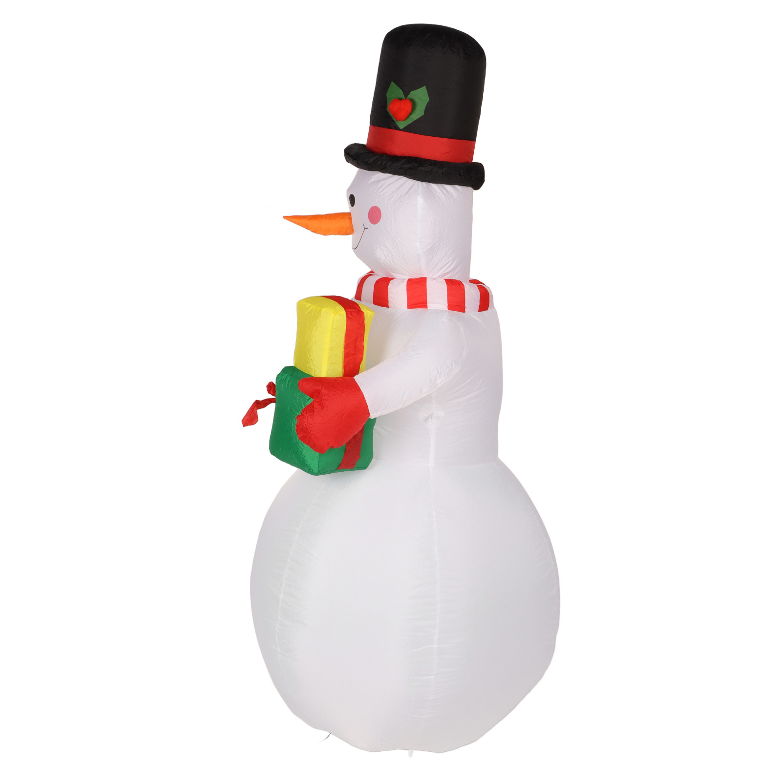 Aufblasbarer Schneemann mit Geschenk. Er hat einen schwarzen Zylinder, eine Karottennase und einen rot-weißen Schal.