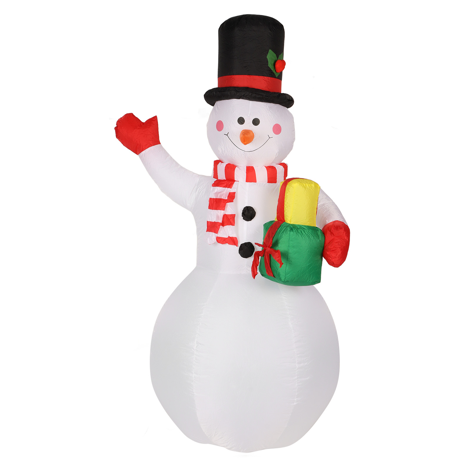 Aufblasbarer Schneemann mit Zylinder, rotem Schal und Fäustlingen, hält Geschenke. Festliche Dekoration.