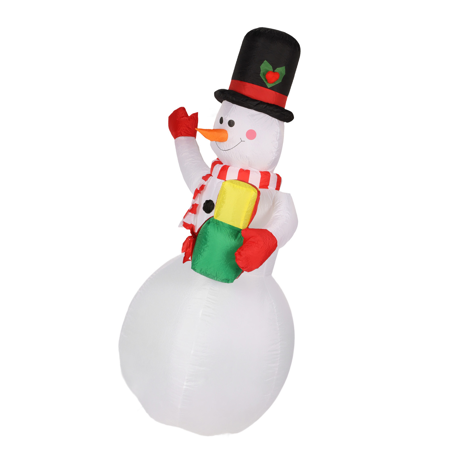 Aufblasbarer Schneemann mit schwarzem Hut, rotem Schal und Handschuhen, hält ein grünes und gelbes Geschenk, auf weißem Hintergrund.