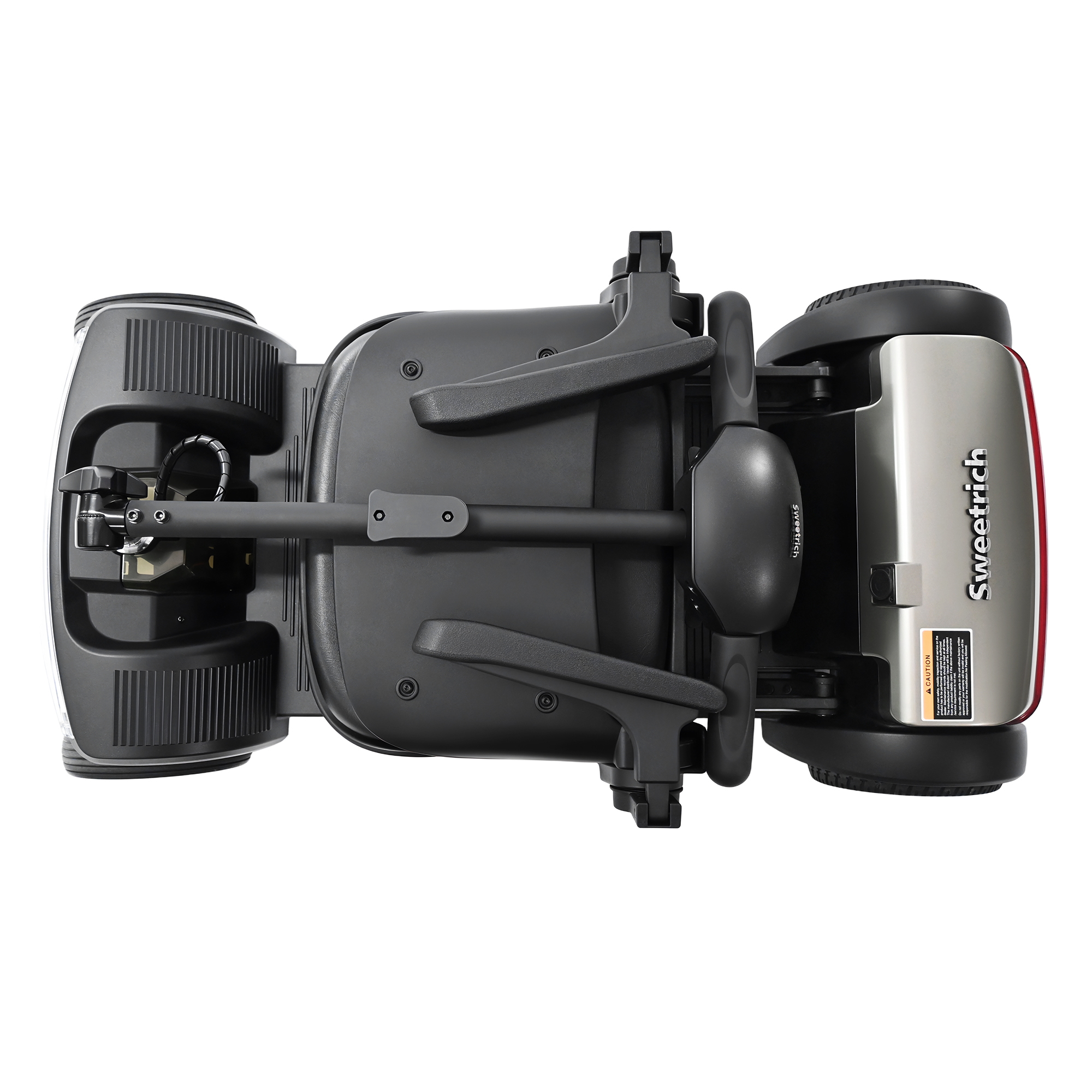 Widok z góry na czarno-srebrny skuter inwalidzki marki 'Sweetrich' z czterema kołami na białym tle.