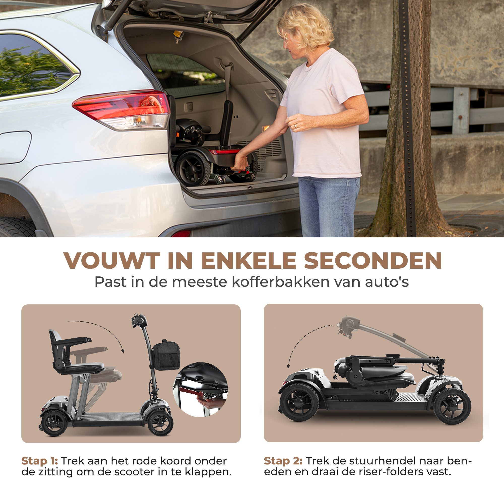 Kobieta ładuje składany skuter do bagażnika samochodu. Instrukcje pokazują, jak go złożyć. Tekst mówi 'składa się w kilka sekund'.