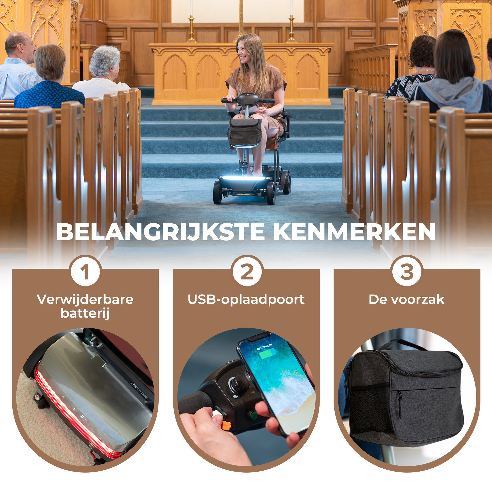 Kobieta na skuterze inwalidzkim w kościele, z ludźmi w ławkach. Cechy: bateria, port USB i torba.