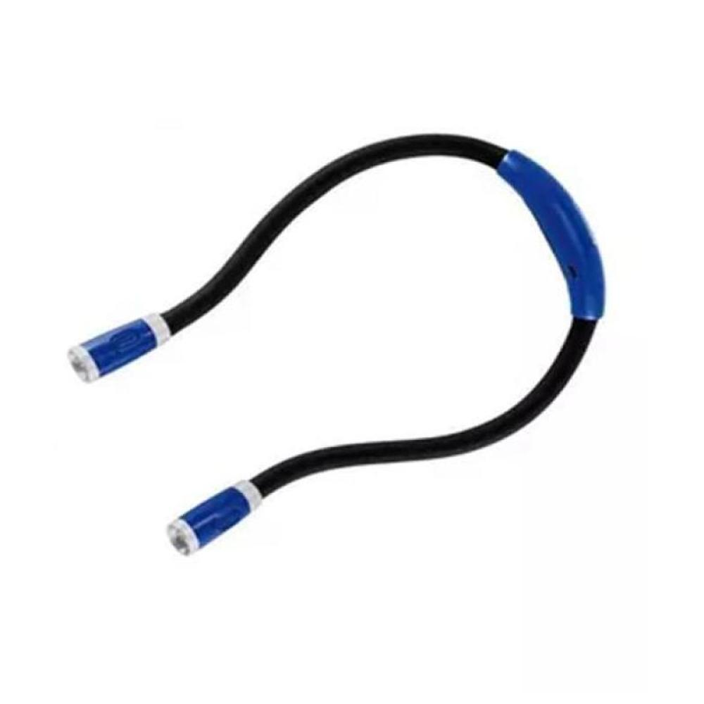 Eine flexible, schwarze Nackenleuchte mit blauen Akzenten. Verfügt über zwei Leuchten an den Enden und einen blauen Steuerungsteil.
