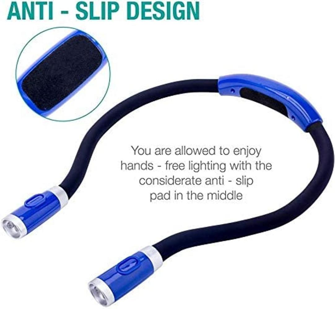 Eine flexible Nackenleuchte mit blauen Akzenten. Das Design umfasst ein Anti-Rutsch-Pad. Die Überschrift lautet 'ANTI - SLIP DESIGN'.