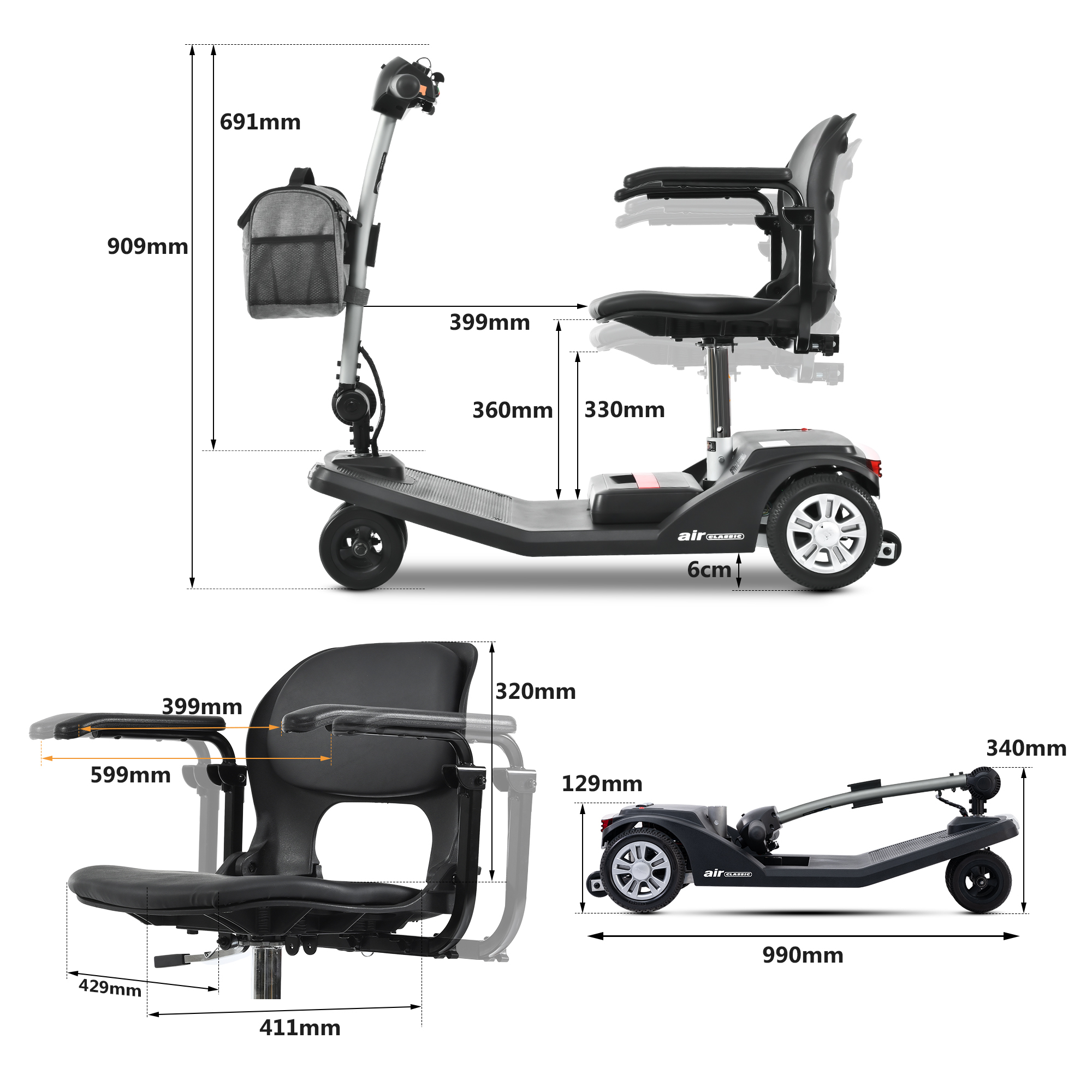 Skuter inwalidzki z wymiarami. Zawiera siedzenie, podłokietniki, koła i torbę do przechowywania. Skuter jest czarny i szary.
