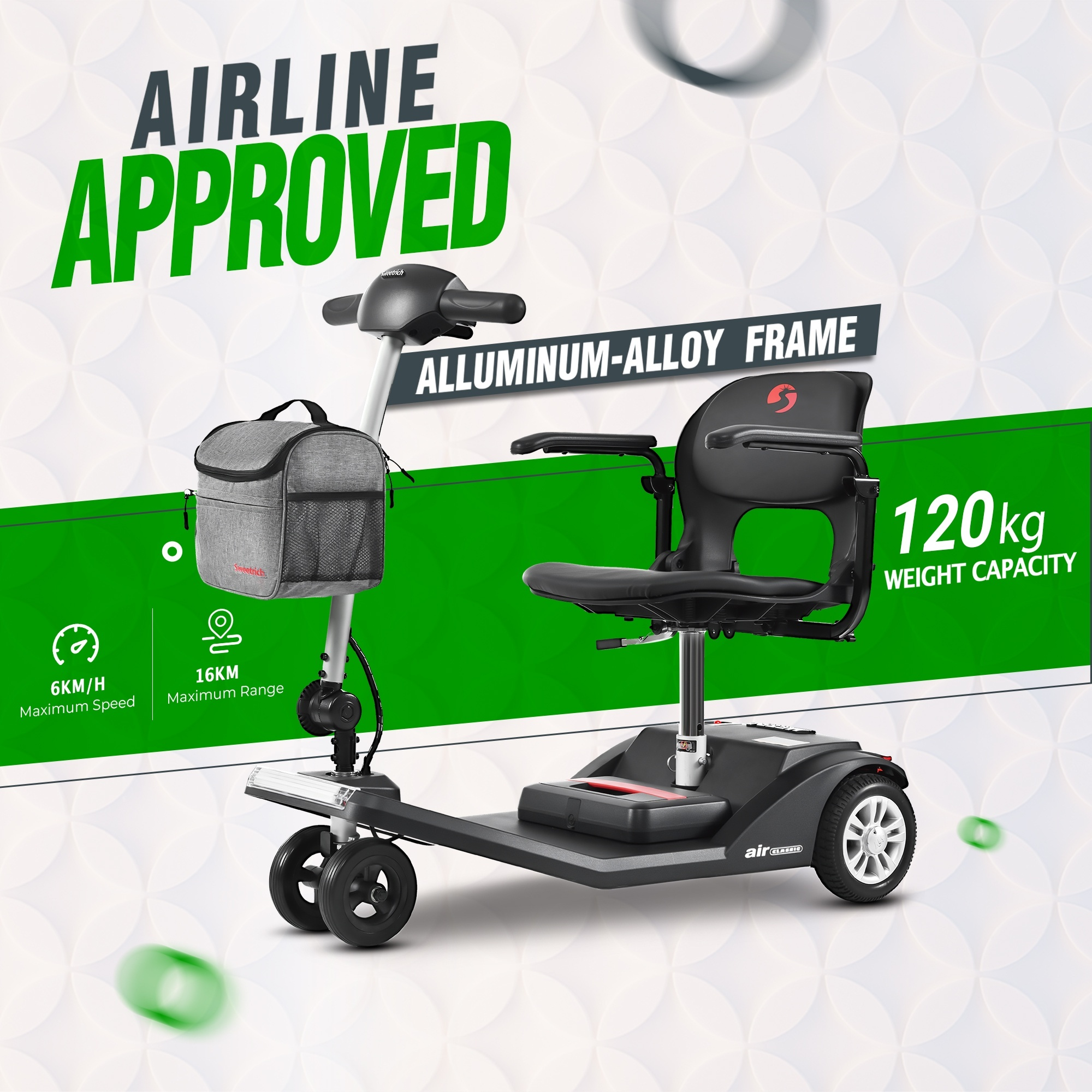 Skuter inwalidzki zatwierdzony przez linie lotnicze. Ma czarne siedzenie, szarą torbę i czarne koła. Tekst: Zatwierdzony przez linie lotnicze, udźwig 120 kg.