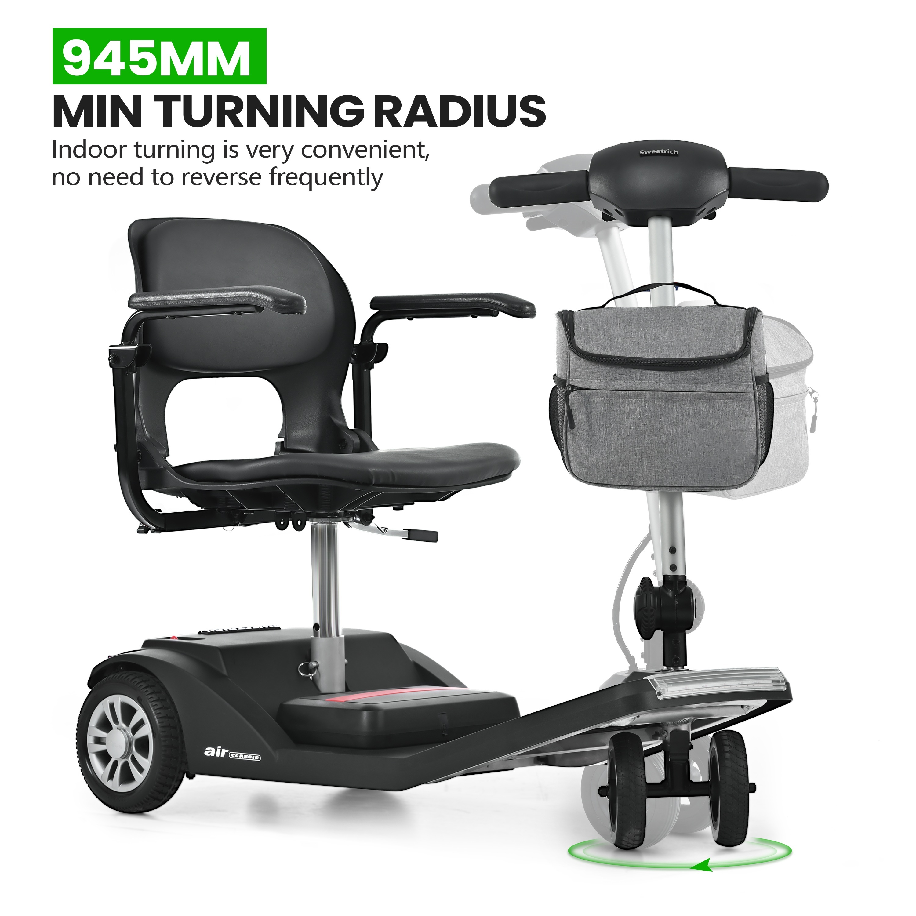 Skuter inwalidzki z czarnym siedzeniem, kierownicą i szarą torbą. Białe tło. Tekst: minimalny promień skrętu 945 mm.
