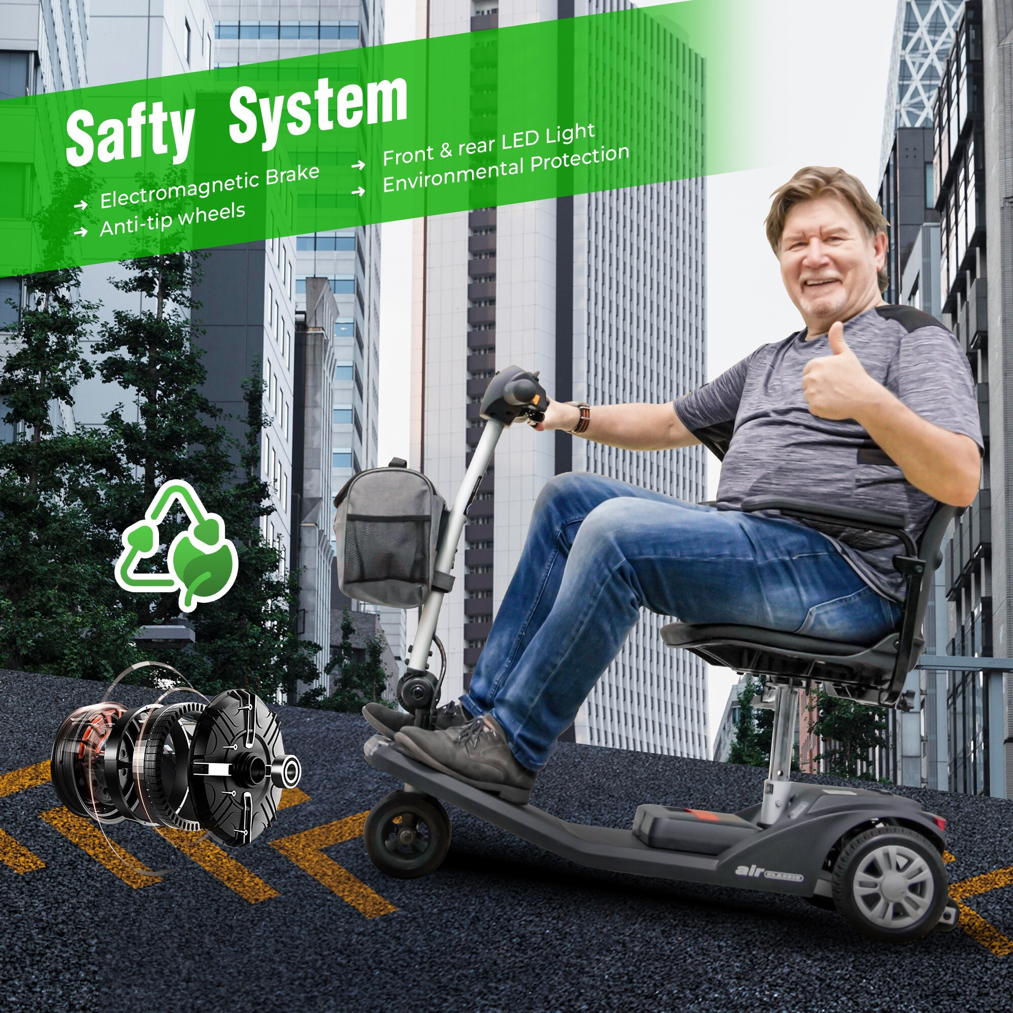 Mężczyzna na skuterze inwalidzkim pokazuje kciuk w górę. Budynki w tle. Skuter ma funkcje bezpieczeństwa.