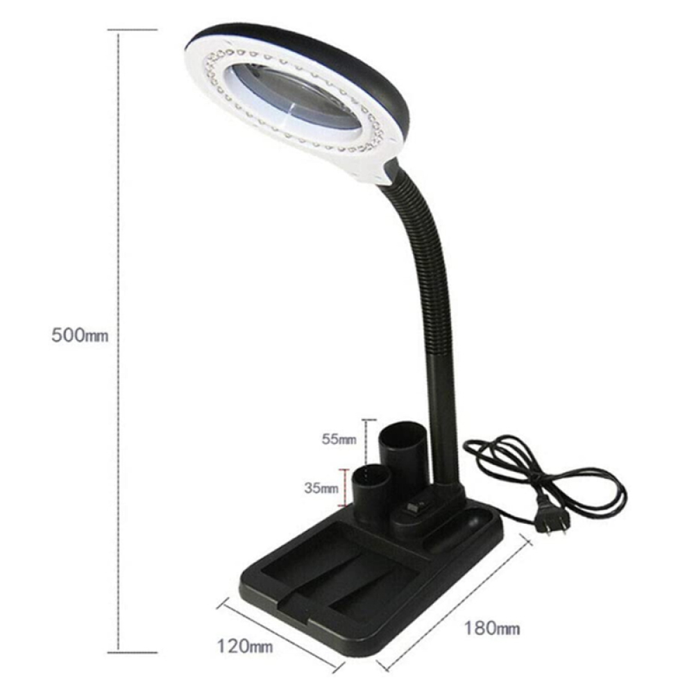 Eine schwarze Lupe mit LED-Leuchten. Sie hat einen flexiblen Hals und eine Basis mit Aufbewahrungsfächern und einem Netzkabel.