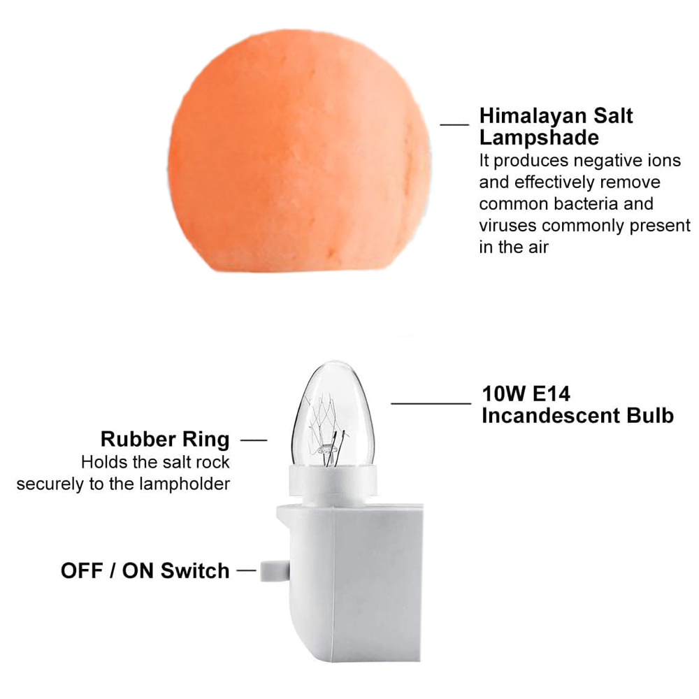 Ein orangefarbener Himalaya-Salz-Lampenschirm mit weißem Sockel, einer Glühbirne und einem Ein/Aus-Schalter.