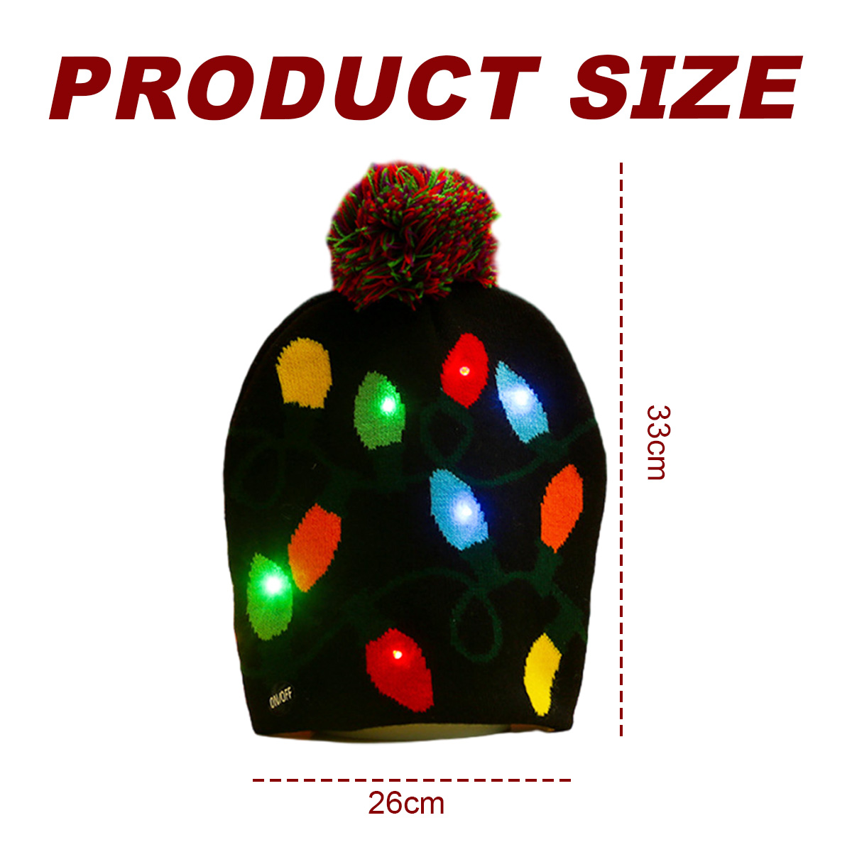 Schwarze Strickmütze mit bunten LED-Lichtern. Sie hat einen Bommel und die Maße sind 26 cm x 33 cm. Der Text oben lautet PRODUKTGRÖSSE.