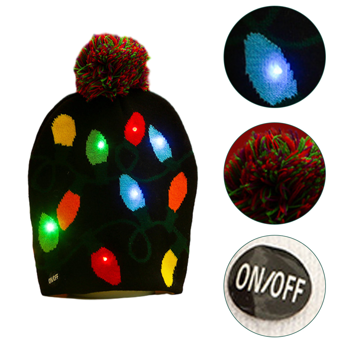 Eine schwarze Strickmütze mit bunten LED-Lichtern in Form von Glühbirnen. Sie hat einen roten, grünen und gelben Bommel und einen Ein-/Aus-Knopf.