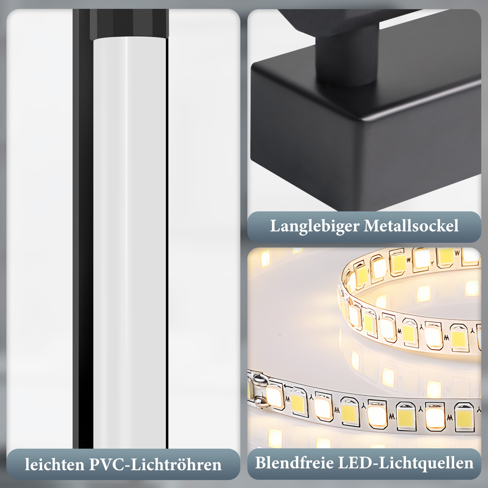 La imagen muestra partes de una lámpara moderna. Cuenta con tubos blancos, una base negra y una tira de luz LED flexible.