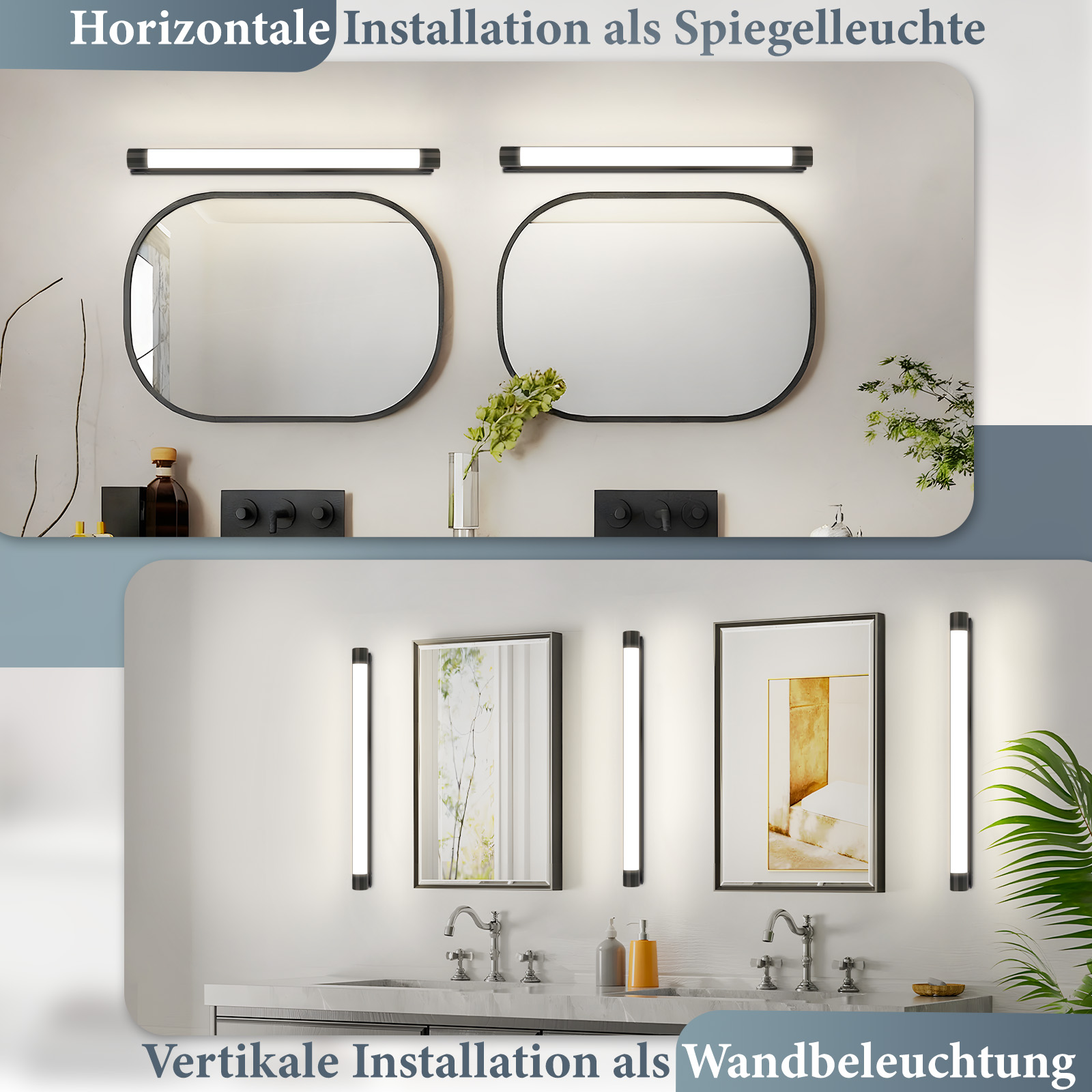 Opciones de iluminación para baño: horizontal sobre espejos y vertical junto a espejos. Incluye espejos, luces y accesorios.