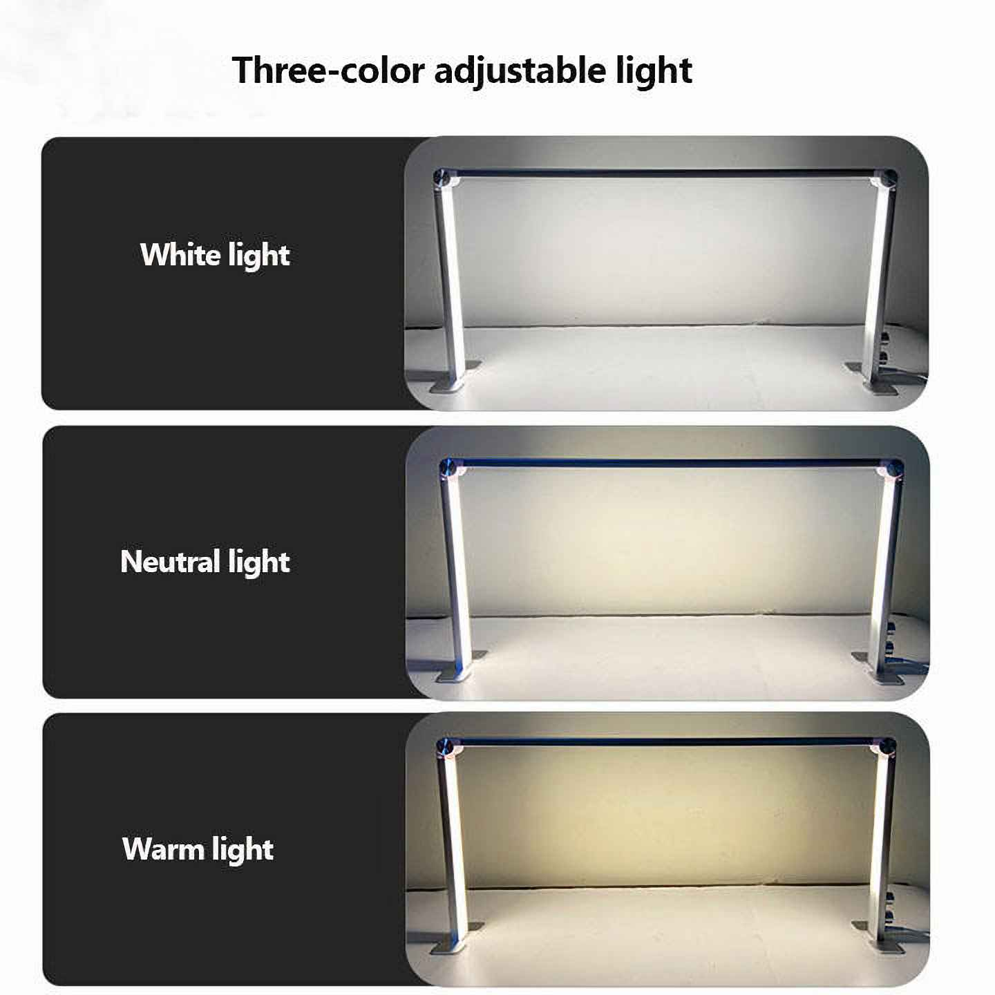 Das Bild zeigt eine dreifarbige, verstellbare Leuchte mit Einstellungen für weißes, neutrales und warmes Licht.