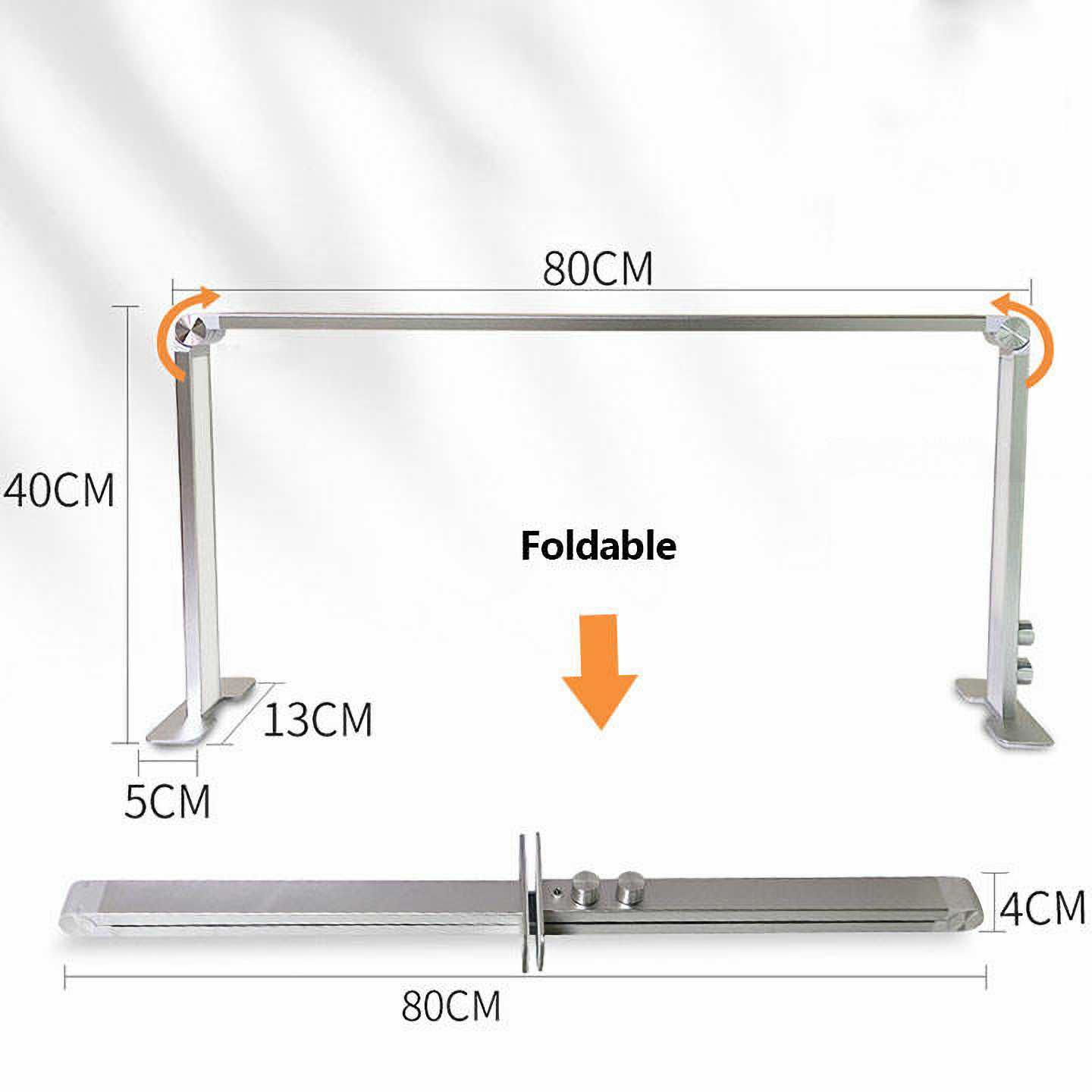 Ein faltbarer Metallrahmen mit Abmessungen wird angezeigt. Er ist 80 cm breit und 40 cm hoch. Die gefaltete Version hat 80 cm.