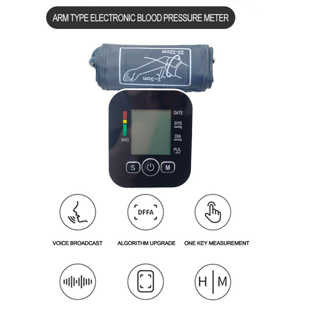 Ein elektronisches Blutdruckmessgerät für den Arm, mit Manschette, Display mit Messwerten und Funktionssymbolen wie Sprachausgabe und Ein-Knopf-Messung.