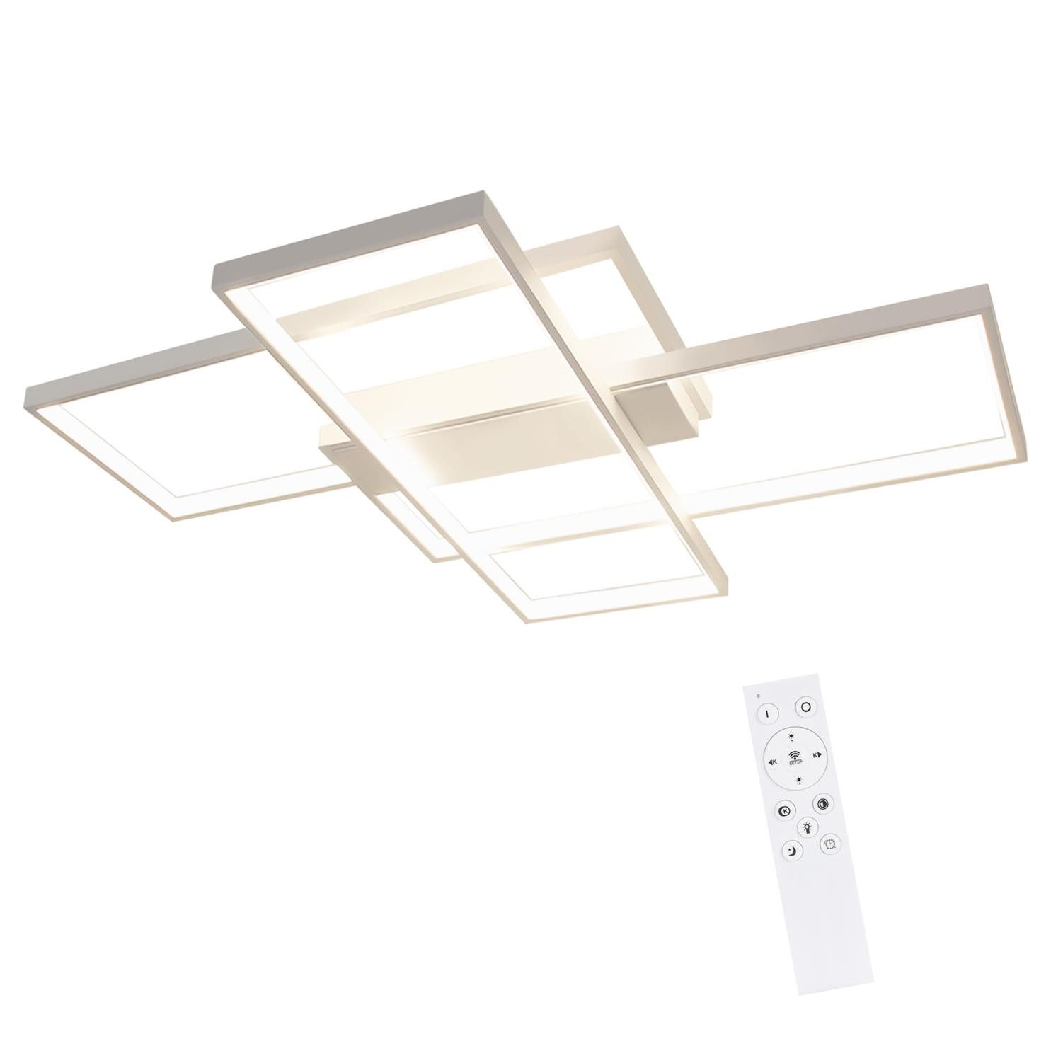 Biała lampa sufitowa z prostokątnymi panelami i pilotem. Lampa ma nowoczesny design. Pilot jest biały z kilkoma przyciskami.