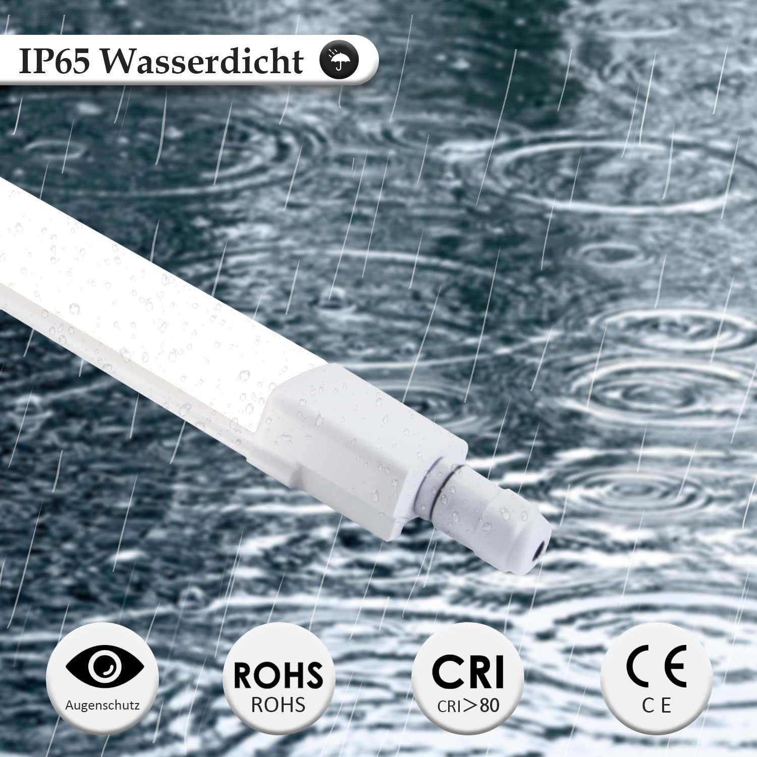Ein weißes LED-Lichtband mit Textlabels wie IP65, ROHS, CRI<gt/>80 und CE. Regeneffekt im Hintergrund.