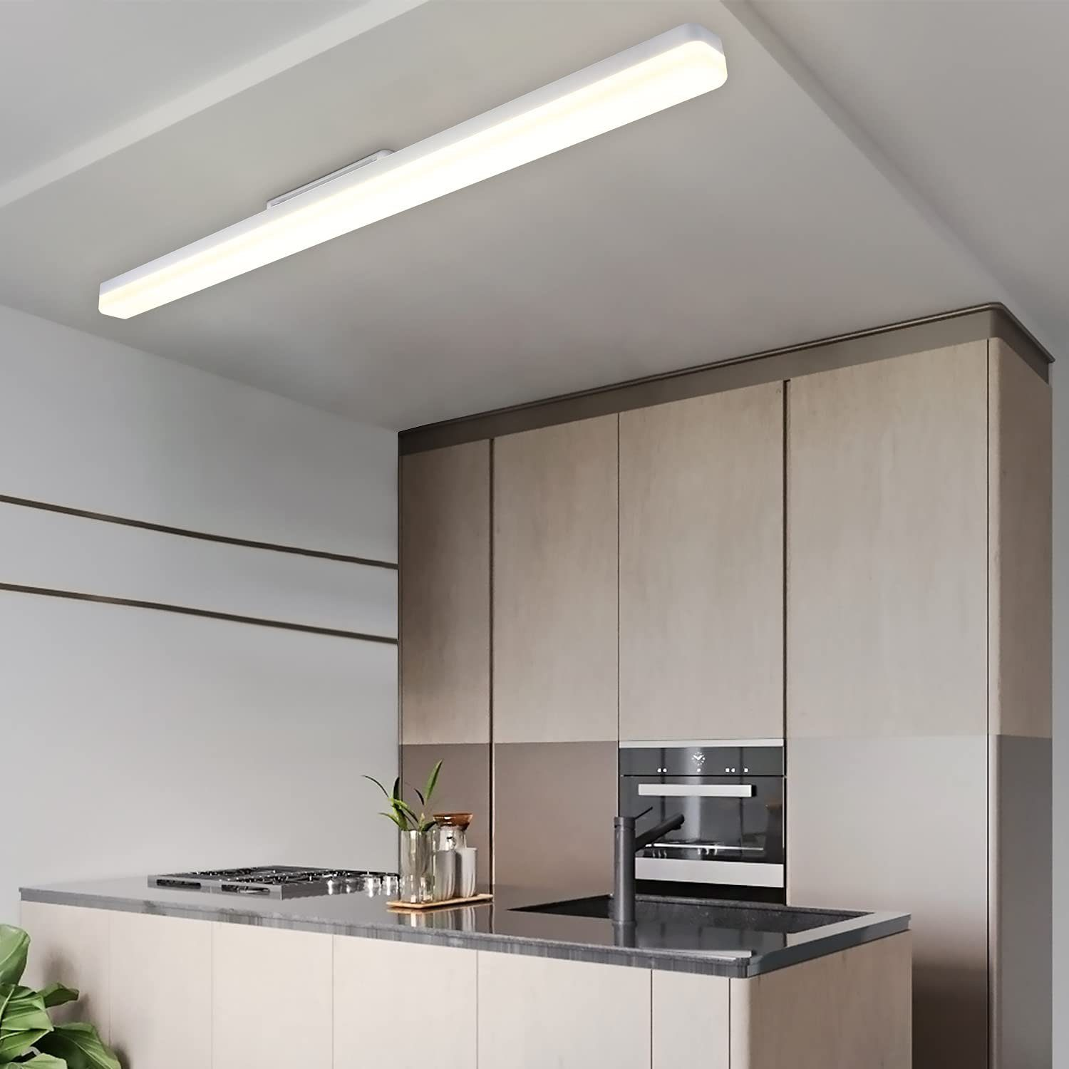 Una cucina moderna con una lunga luce a soffitto. Sono visibili armadi, un piano di lavoro con lavandino e un forno. Piante sul bancone.