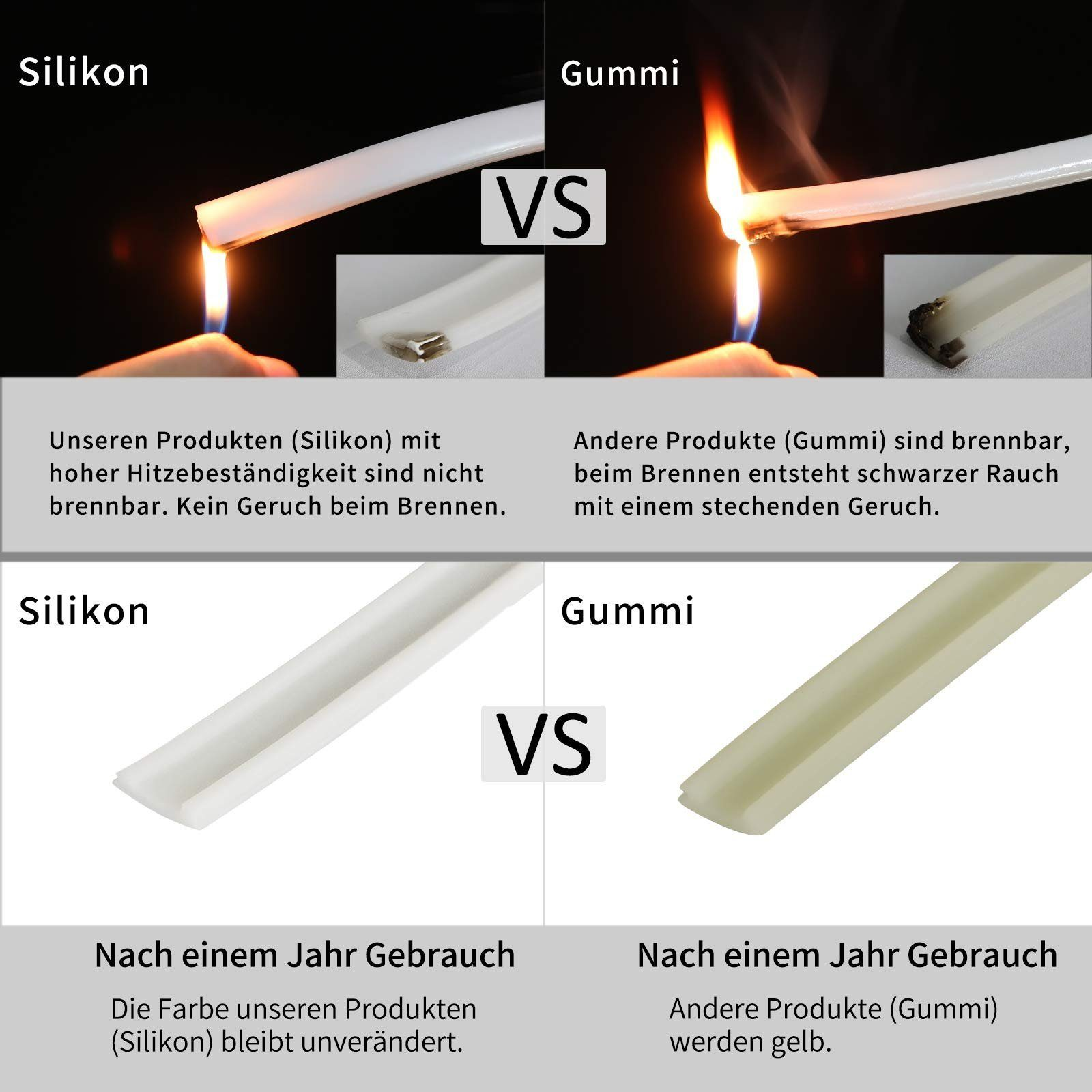Das Bild zeigt einen Vergleich von Silikon und Gummi. Silikon ist nicht brennbar, Gummi schon. Silikon bleibt weiß, Gummi vergilbt.