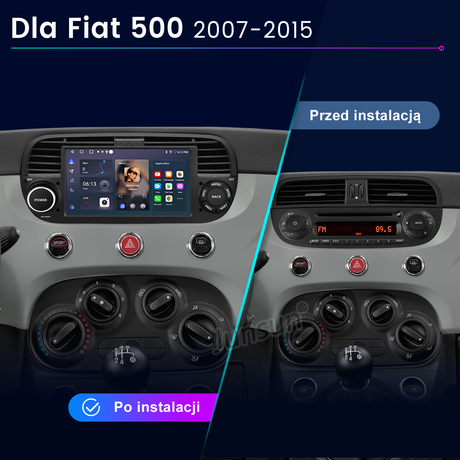 Wnętrze Fiata 500, przed i po instalacji systemu multimedialnego. Wyświetlacz pokazuje nawigację i aplikacje. Panel sterowania i dźwignia zmiany biegów.