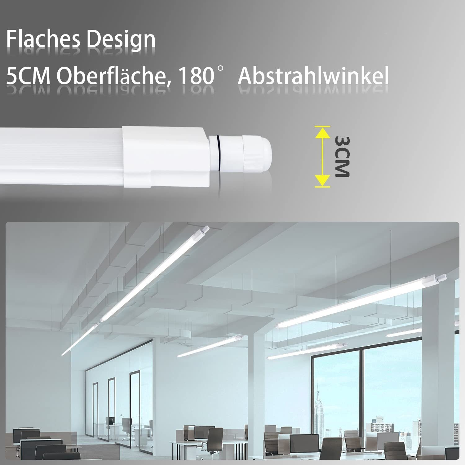 Das Bild zeigt eine weiße LED-Röhre mit dem Text 'Flaches Design' und ein Büro mit ähnlichen Leuchten an der Decke.