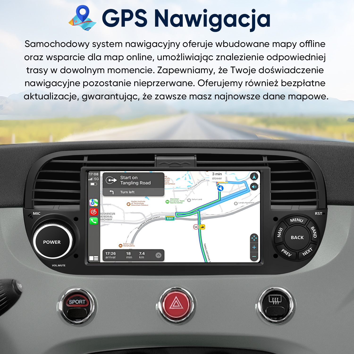 Ekran systemu nawigacji samochodowej z mapą, przyciskami i tekstem. Widoczna deska rozdzielcza i przyciski.