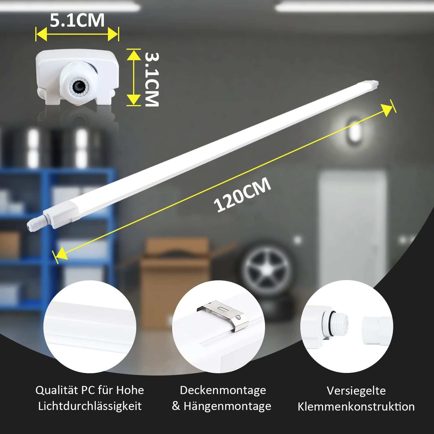 Eine weiße LED-Röhrenleuchte mit angegebenen Abmessungen. Details umfassen einen Stecker, Montageoptionen und versiegelte Klemmenkonstruktion.