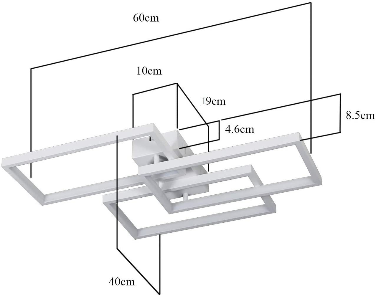 Un apparecchio di illuminazione a soffitto bianco con forme geometriche e dimensioni indicate da linee nere.