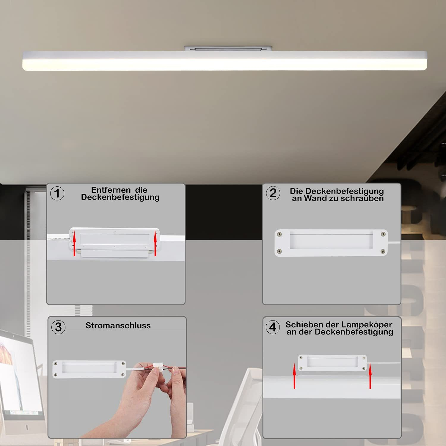 Istruzioni per l'installazione di una plafoniera, che mostrano i passaggi con diagrammi e testo in tedesco. Include collegamenti elettrici.