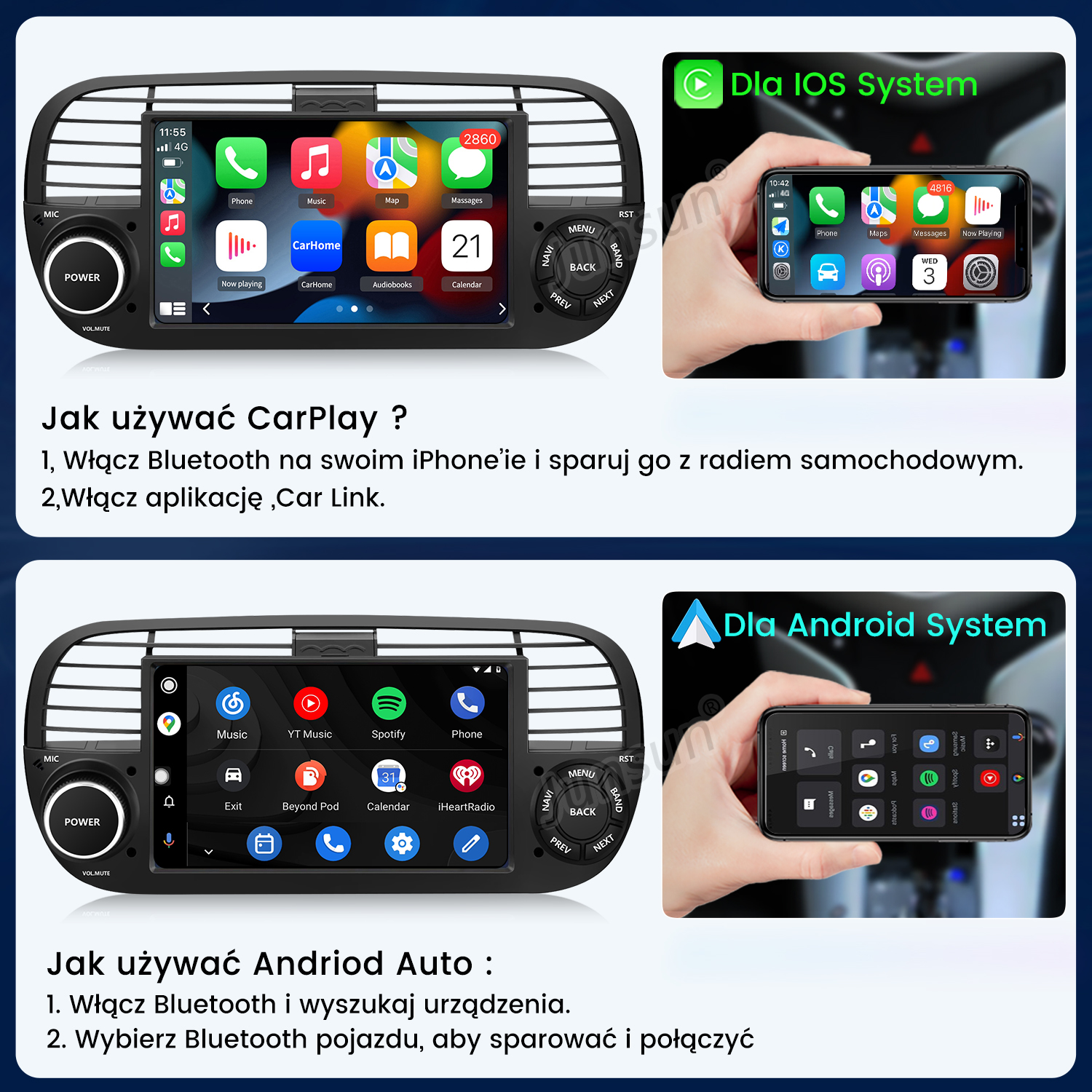 System stereo samochodowy z instrukcjami dla systemów iOS i Android, pokazujący interfejsy ekranu telefonu i kroki parowania Bluetooth.