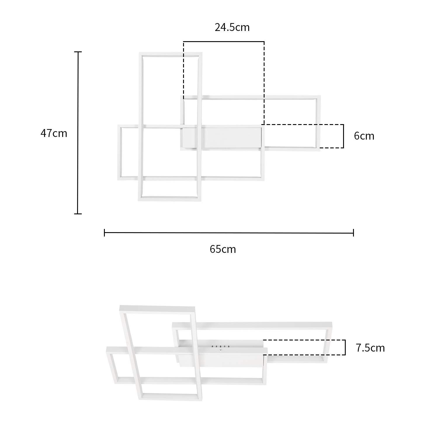 Biała, geometryczna półka z wymiarami. Widok z góry pokazuje jednostkę o szerokości 65 cm i wysokości 47 cm. Widok od dołu pokazuje głębokość 7,5 cm.