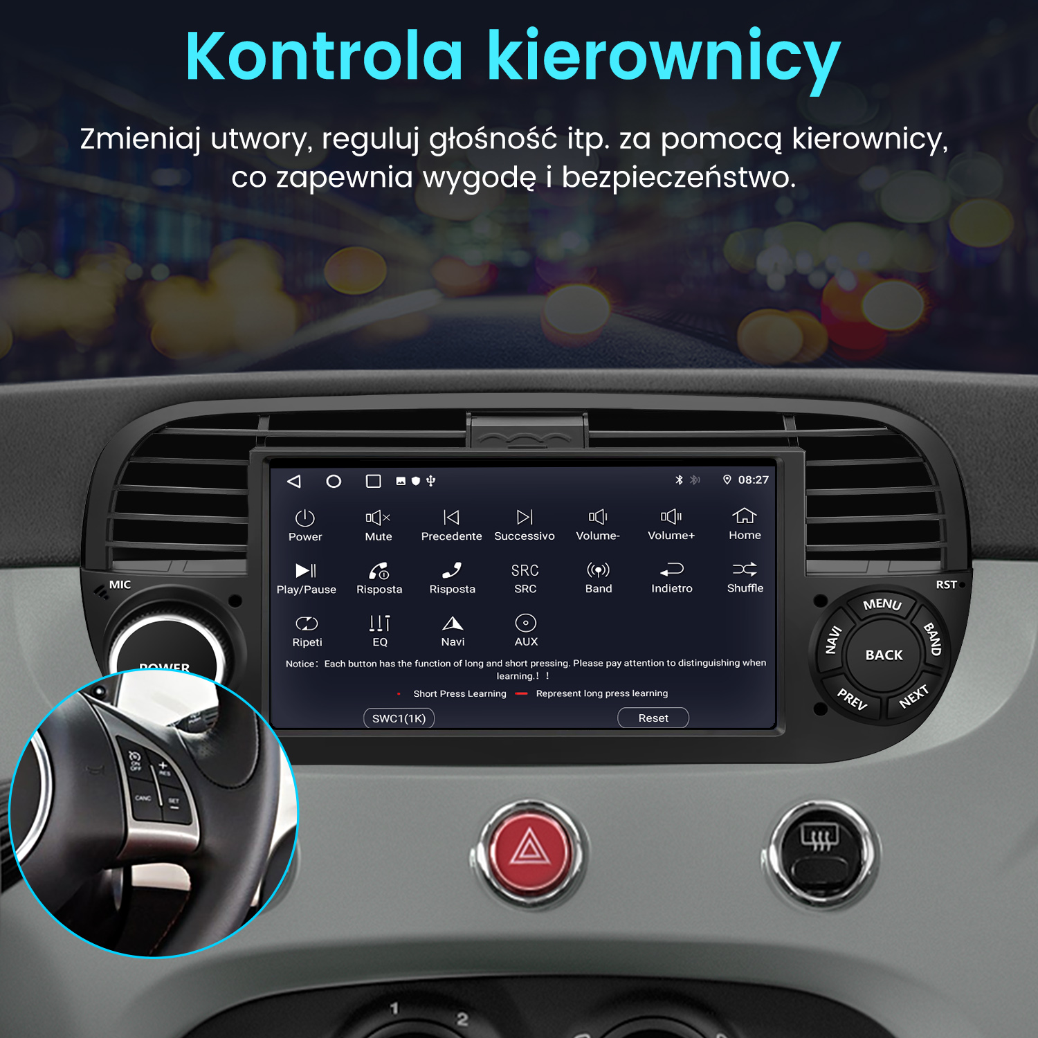 Deska rozdzielcza samochodu z ekranem i przyciskami, kierownica po lewej, przyciski sterowania poniżej.