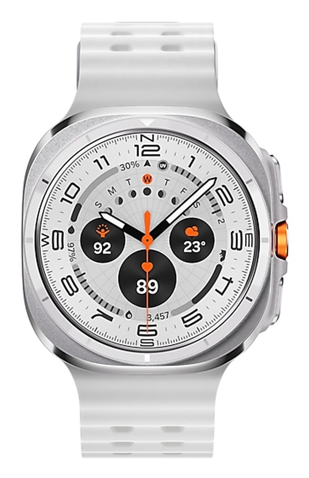 Uno smartwatch bianco con quadrante circolare che mostra ora e dati. Ha un cinturino bianco e un pulsante arancione.