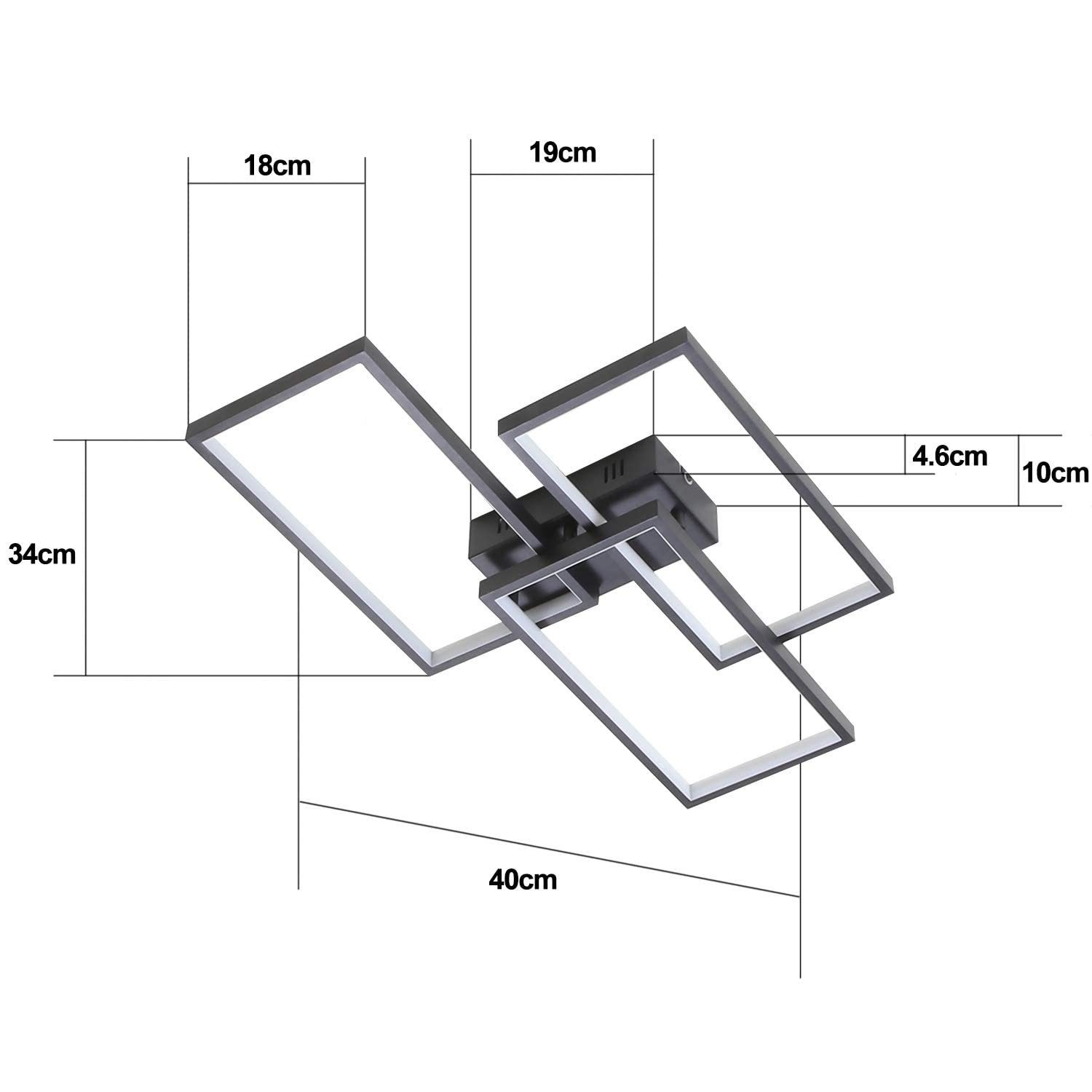 Un moderno apparecchio di illuminazione a soffitto con tre telai quadrati intersecanti. Le dimensioni sono indicate con misure in centimetri.