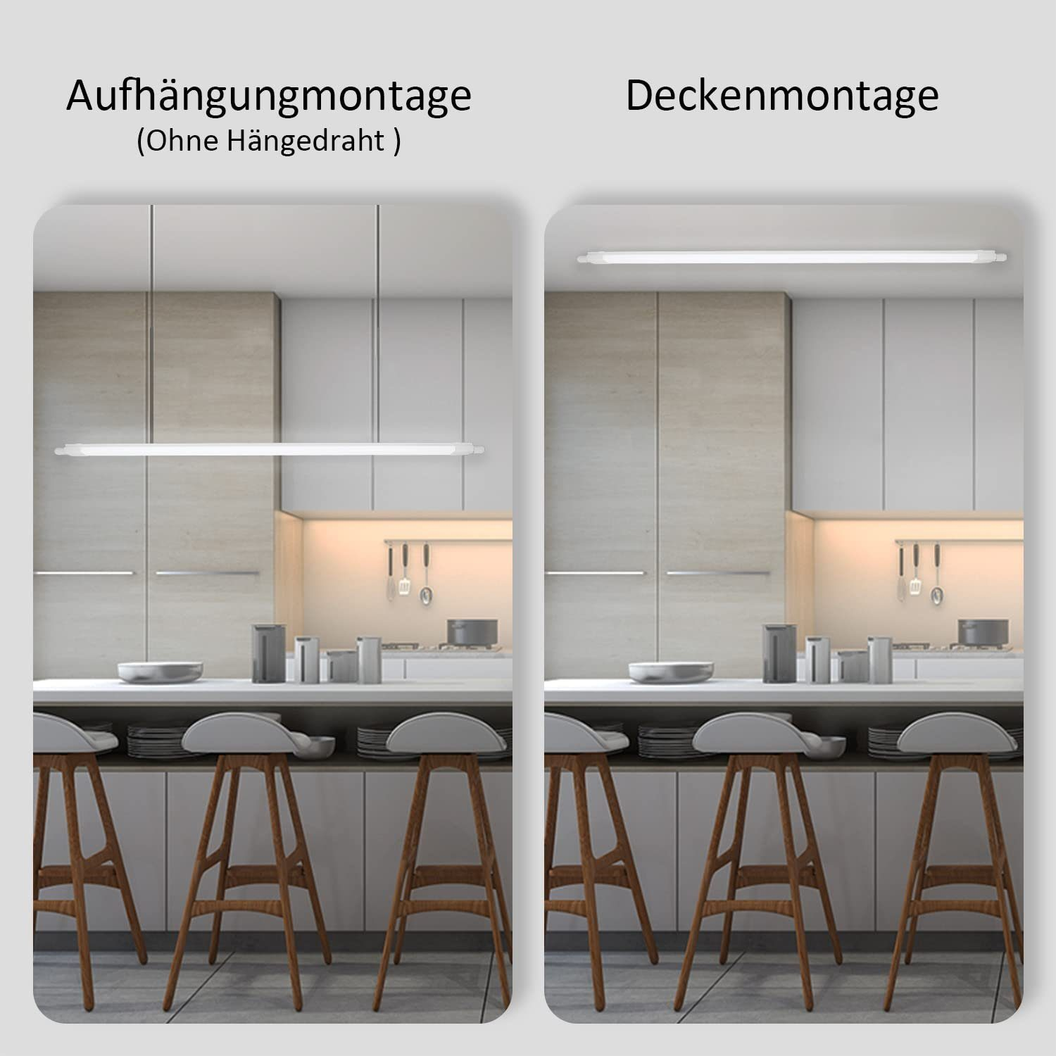 Zwei Küchen zeigen unterschiedliche Leuchten. Links: Hängelampe. Rechts: Deckenleuchte. Beide haben Hocker und Schränke.