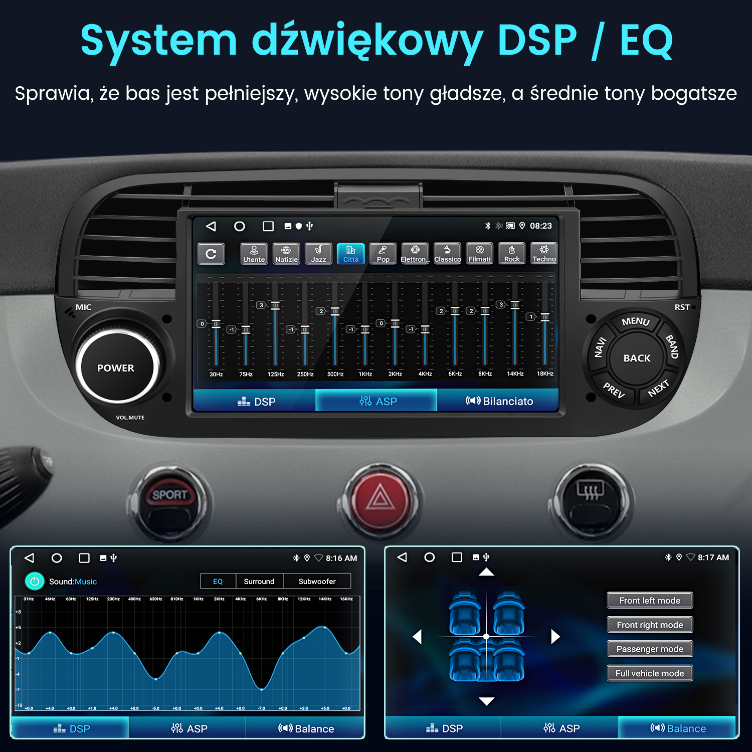 Deska rozdzielcza samochodu z kontrolkami systemu audio, w tym ustawienia korektora i balans głośników.