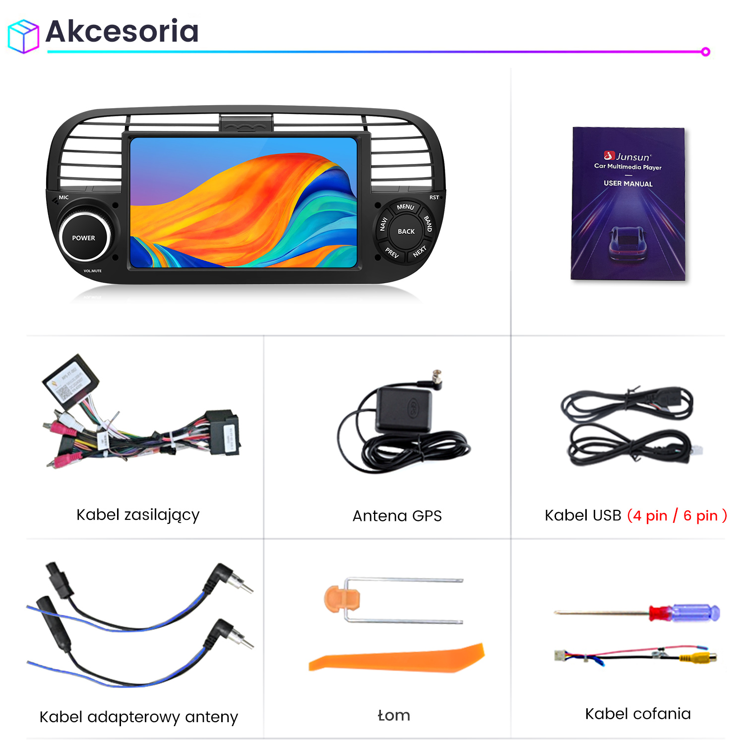 Odtwarzacz multimedialny do samochodu, instrukcja obsługi, kable, antena i narzędzia wyświetlane na białym tle.