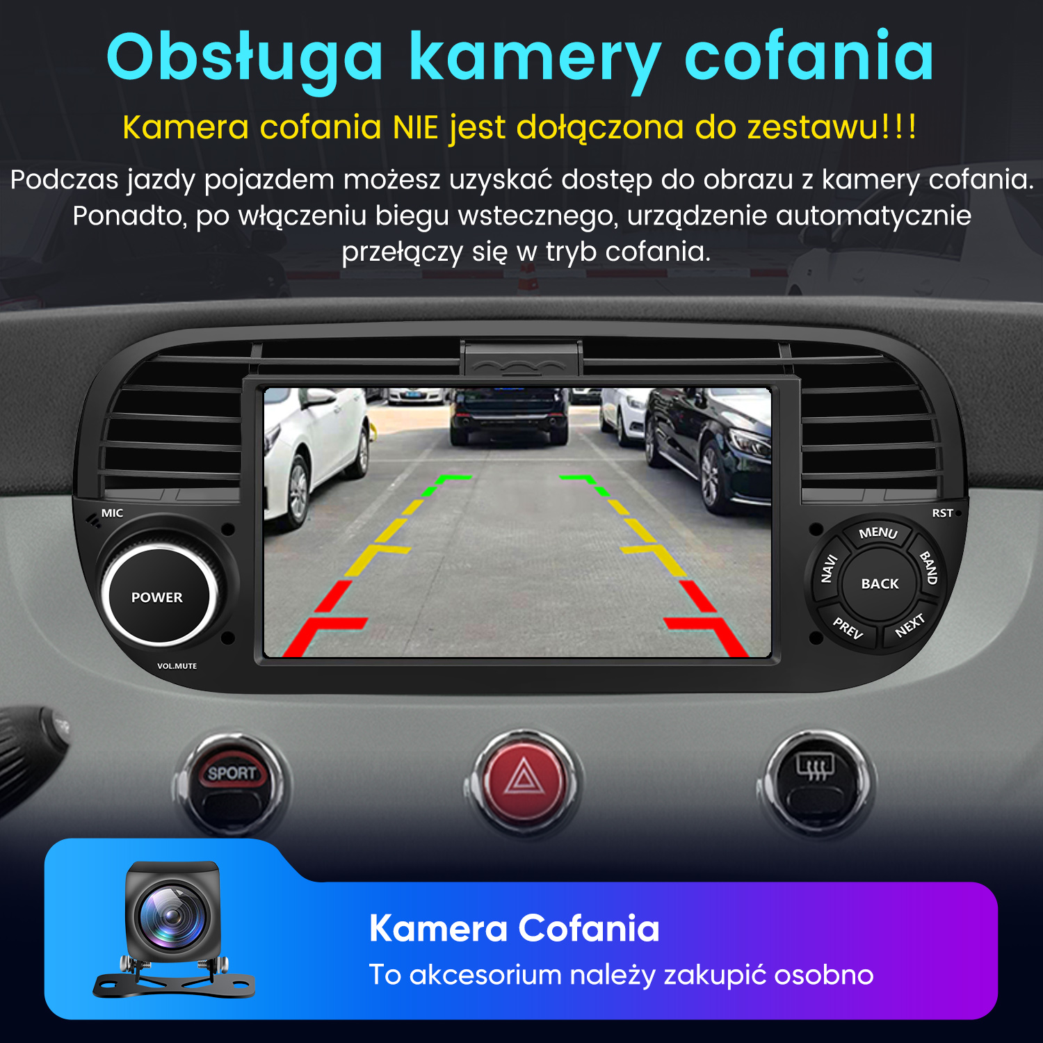 Panel samochodu pokazujący widok kamery cofania. Samochody widoczne z tyłu. Przyciski i obraz z kamery również.