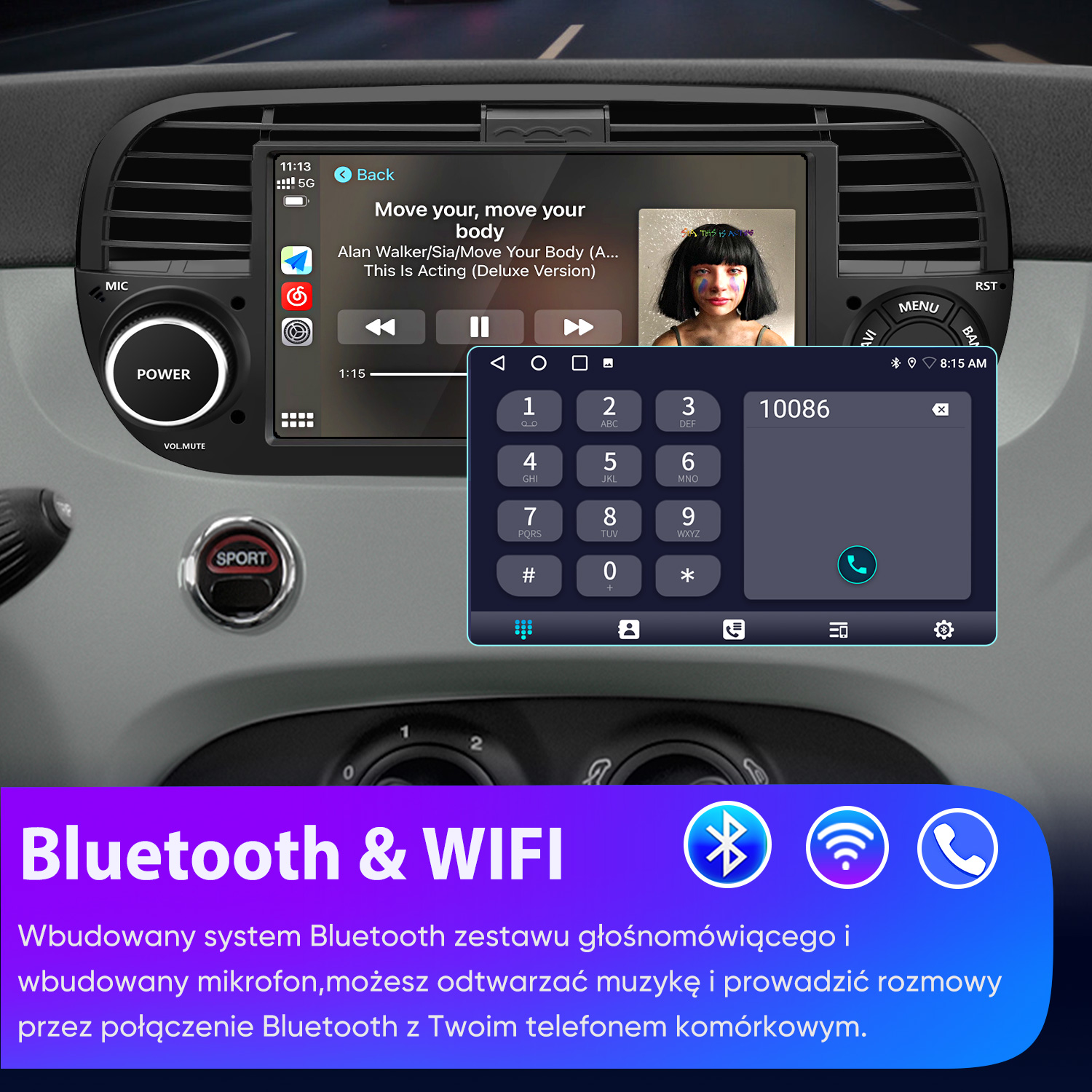 Deska rozdzielcza samochodu z interfejsem odtwarzacza muzyki i wybieraniem numeru. Ekran wyświetla informacje o utworze.
