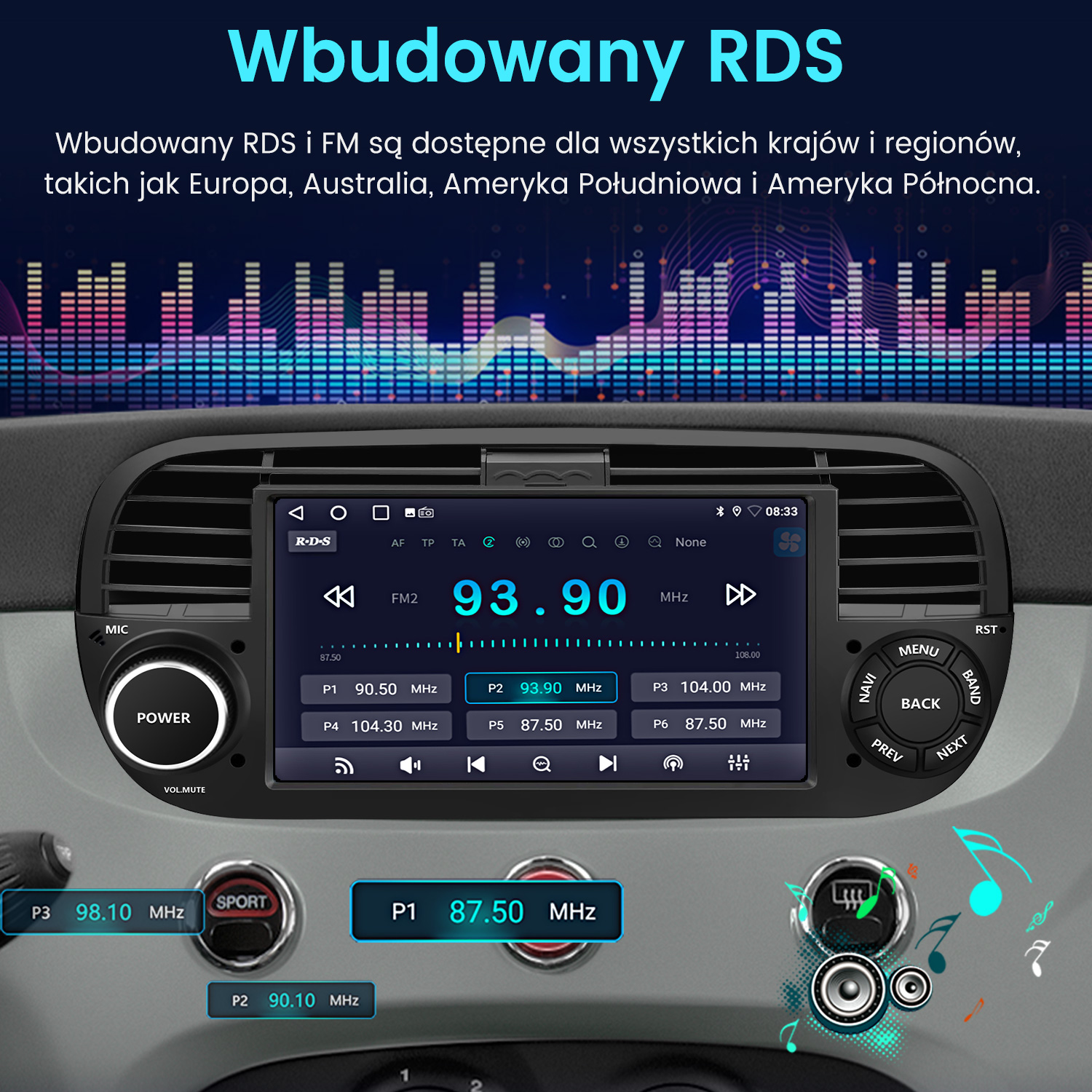 Interfejs radia samochodowego z ekranem wyświetlającym częstotliwości radiowe. Widoczne przyciski i pokrętła. Widoczny również polski tekst.