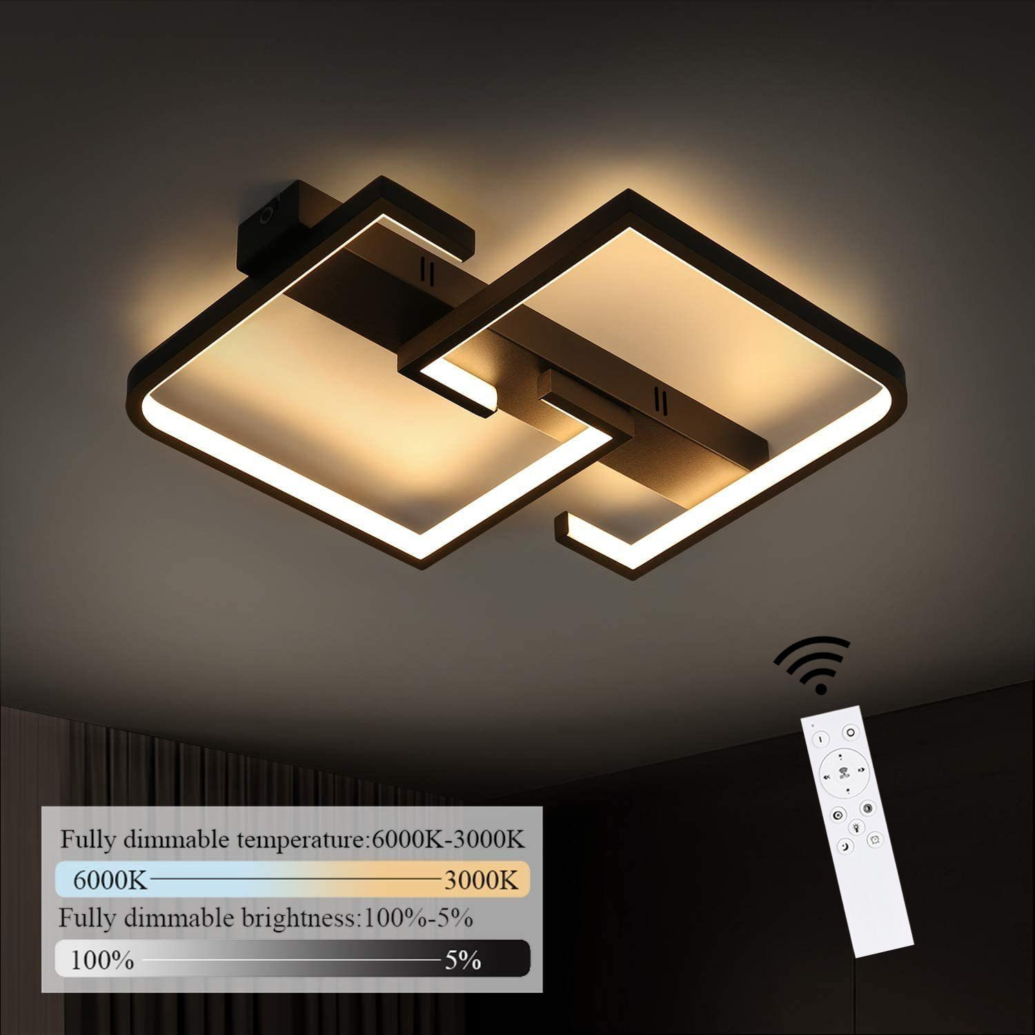 Lampada da soffitto moderna con telecomando. Ha un design geometrico con una luce calda. Sono visibili anche il telecomando e le informazioni sull'attenuazione.