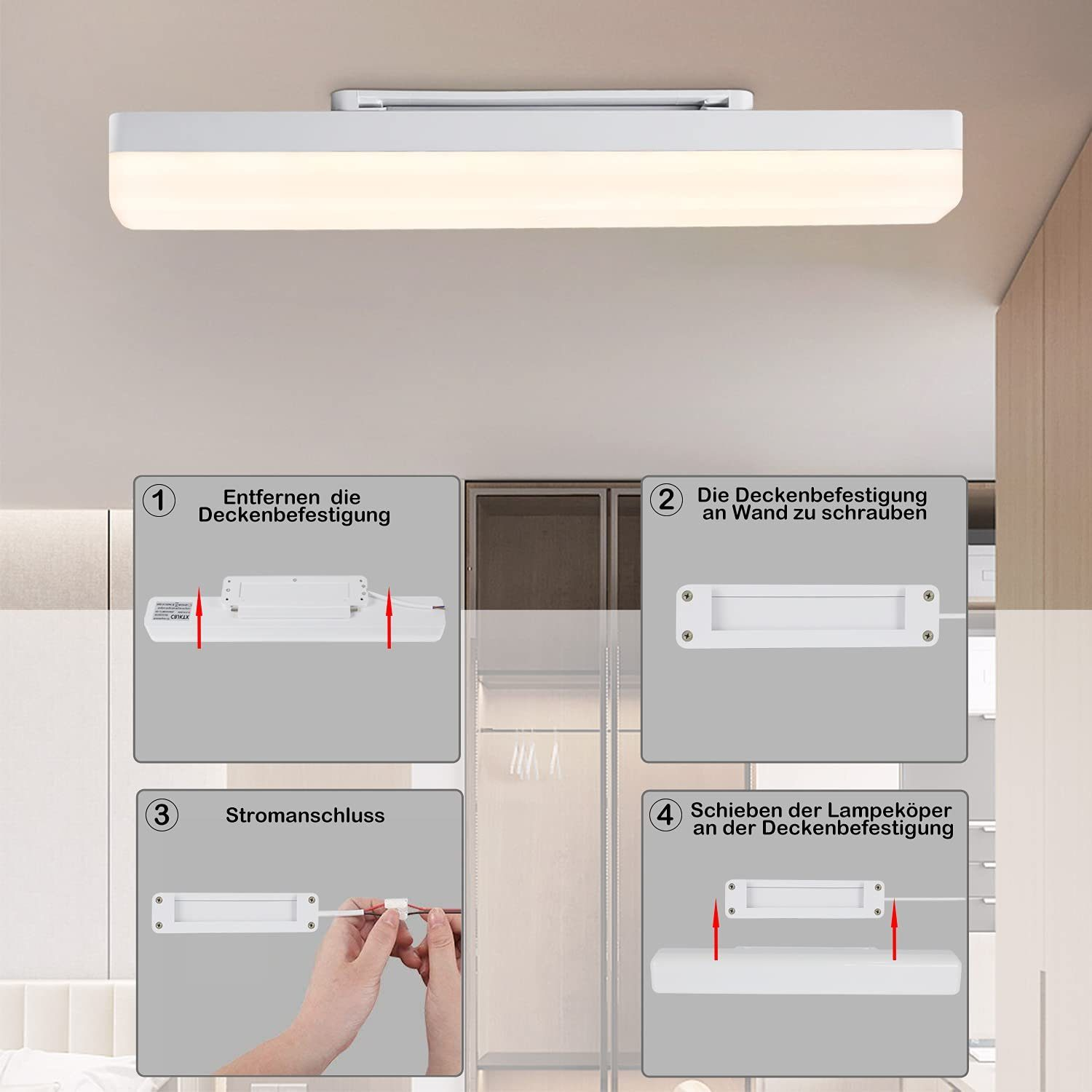 Instrukcje instalacji lampy sufitowej, kroki z diagramami i tekstem w języku niemieckim, w tym połączenia elektryczne.